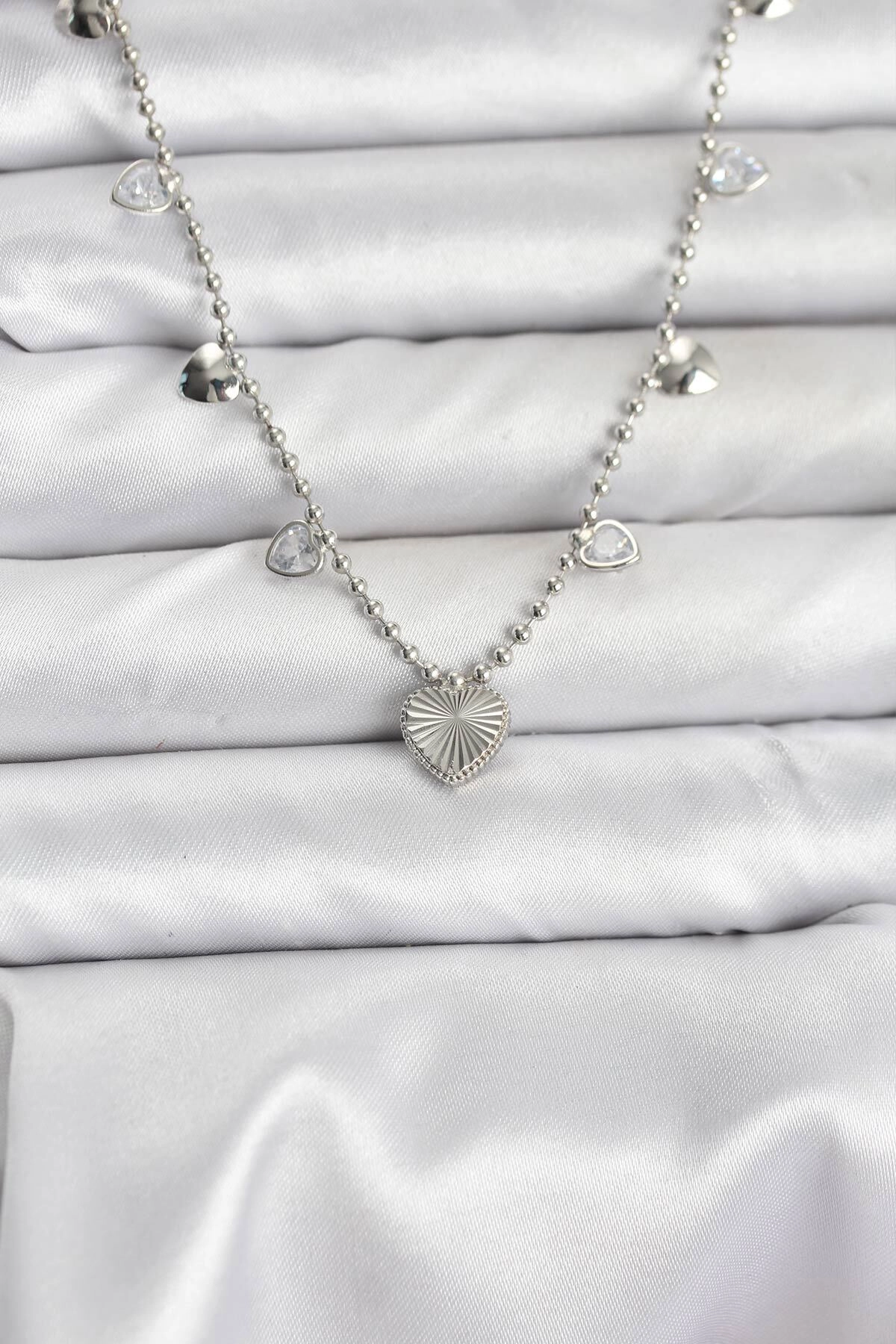 Pirinç Gümüş Renk Kalp Model Kadın Kolye-0