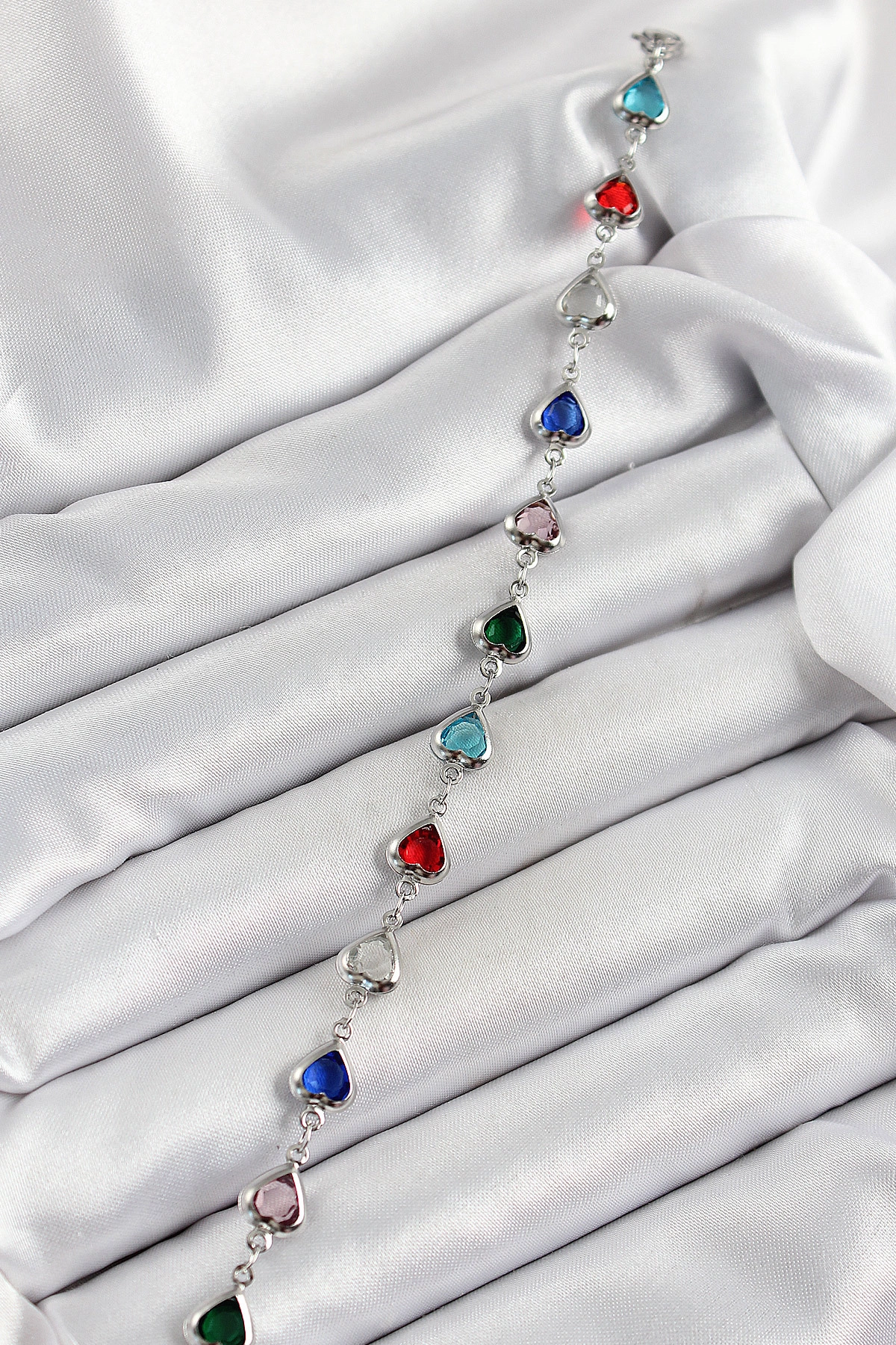 Pirinç Gümüş Renk Karışık Renk Kalp Zirkon Taşlı Kadın Bileklik-1