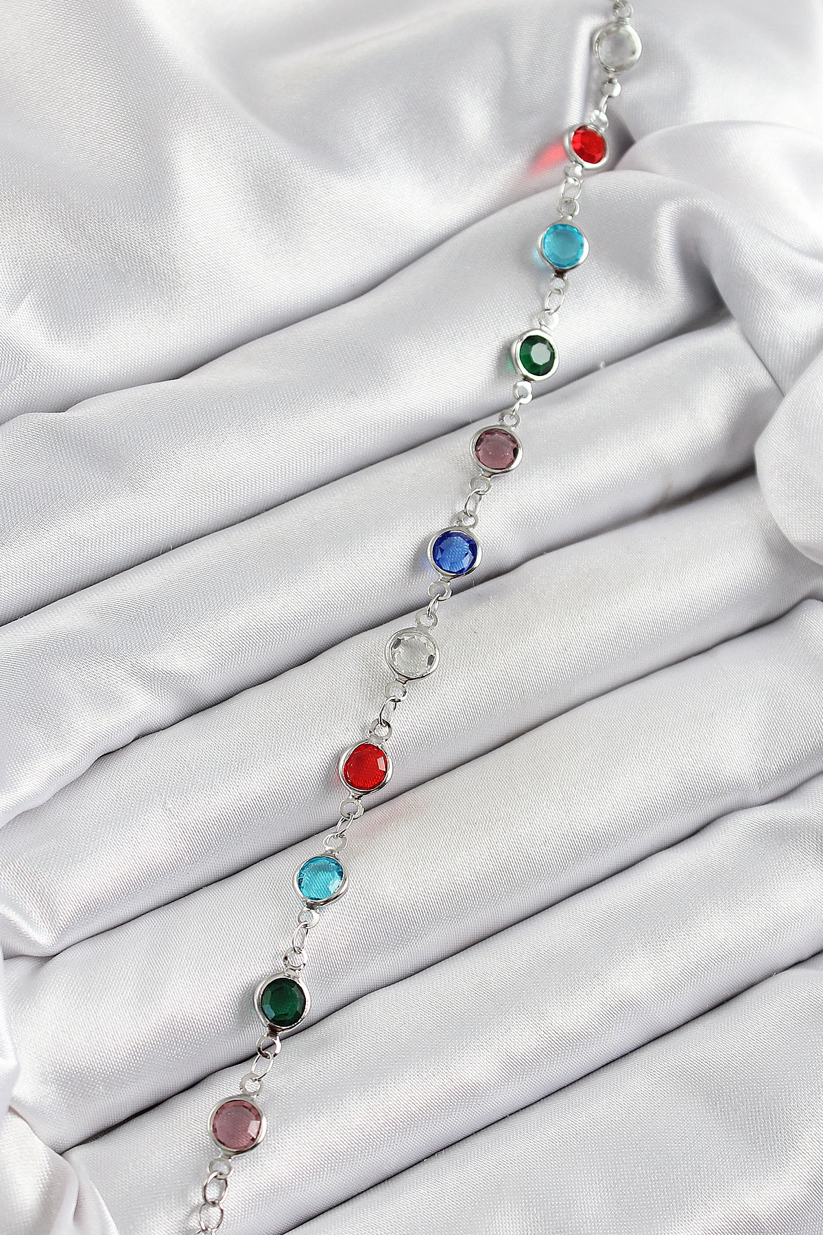 Pirinç Gümüş Renk Karışık Renk Zirkon Taşlı Kadın Bileklik-1