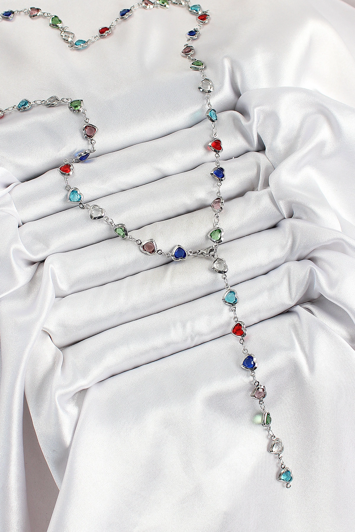 Pirinç Gümüş Renk Karışık Renk Zirkon Taşlı Kalpli Y Kadın Kolye-0