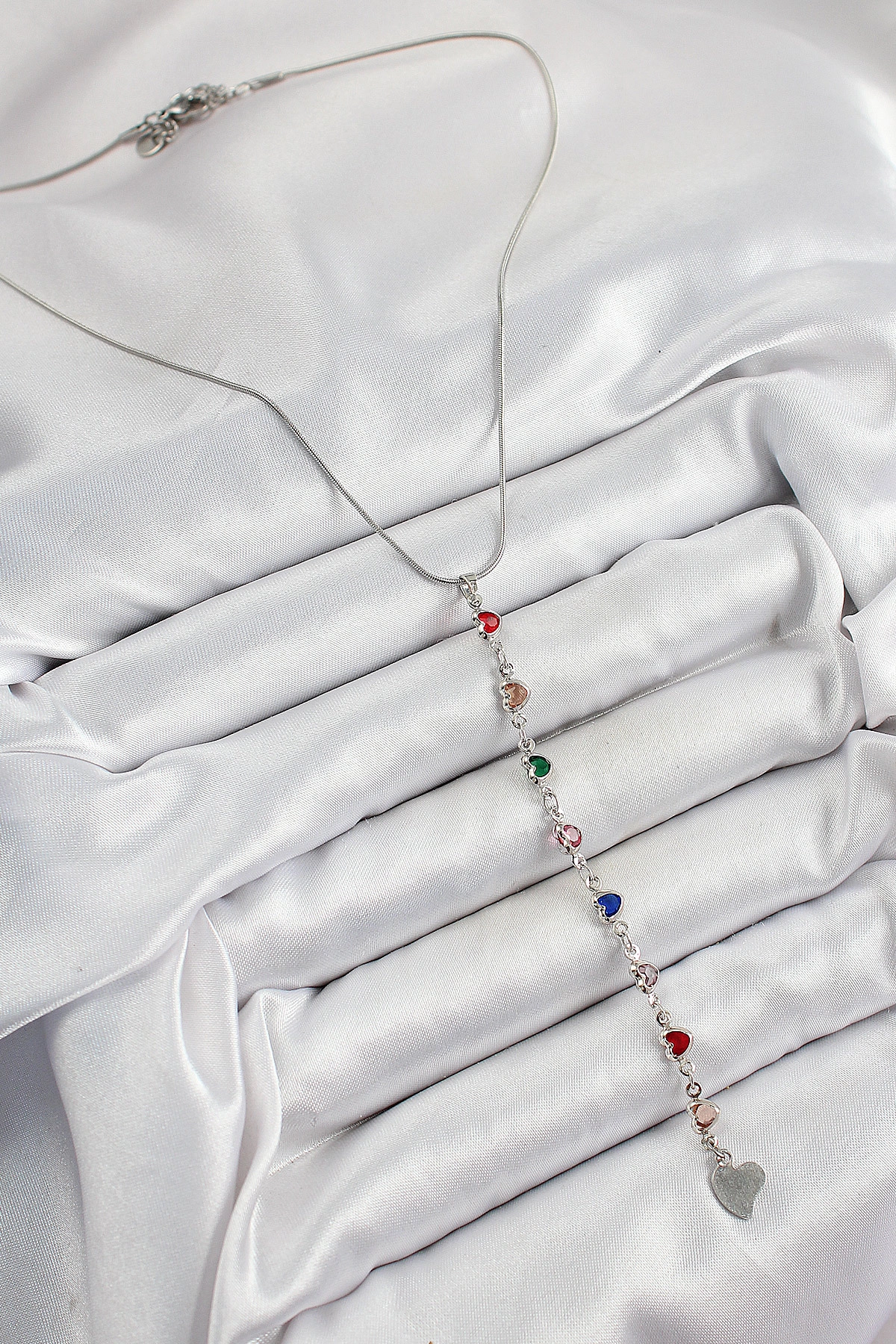 Pirinç Gümüş Renk Karışık Renk Zirkon Taşlı Kalpli Y Kadın Kolye-1