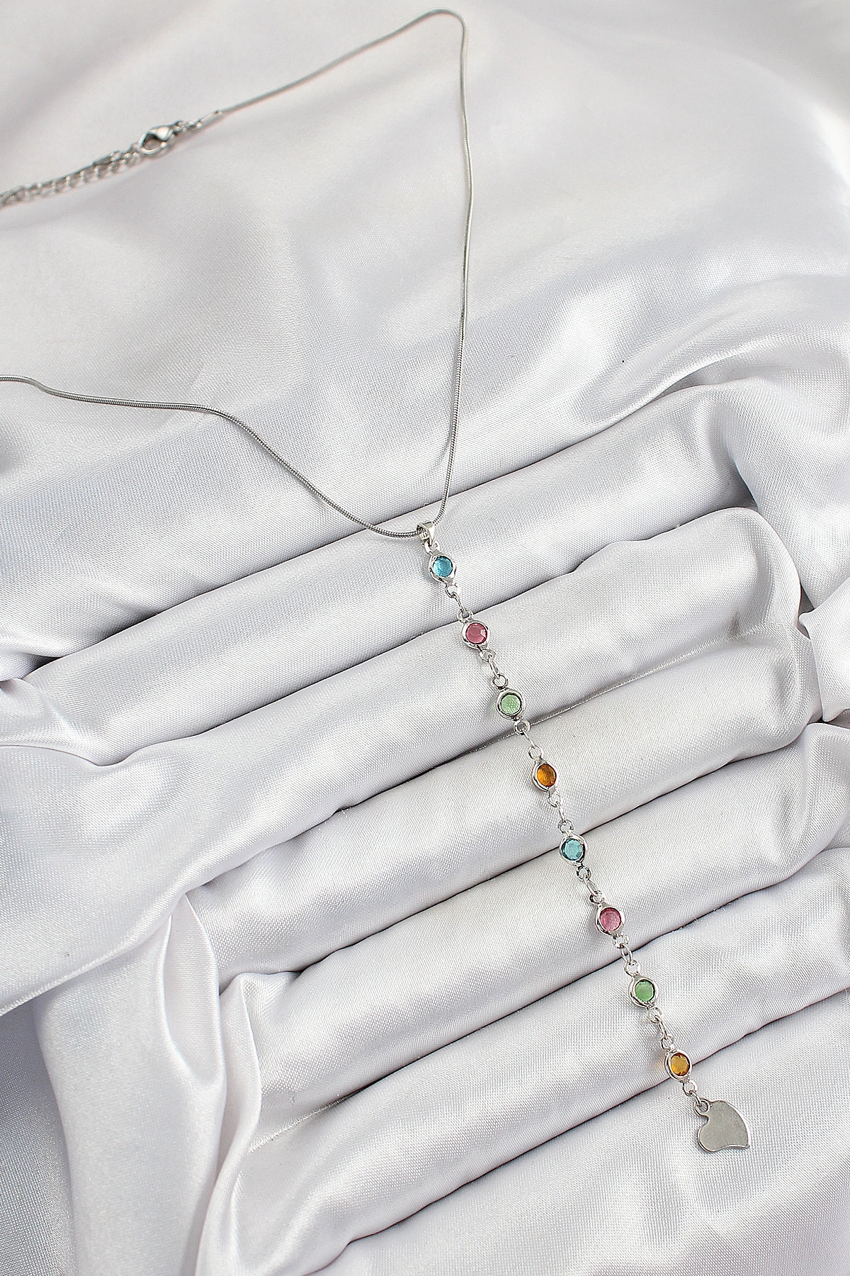 Pirinç Gümüş Renk Karışık Renk Zirkon Taşlı Y Kadın Kolye-1