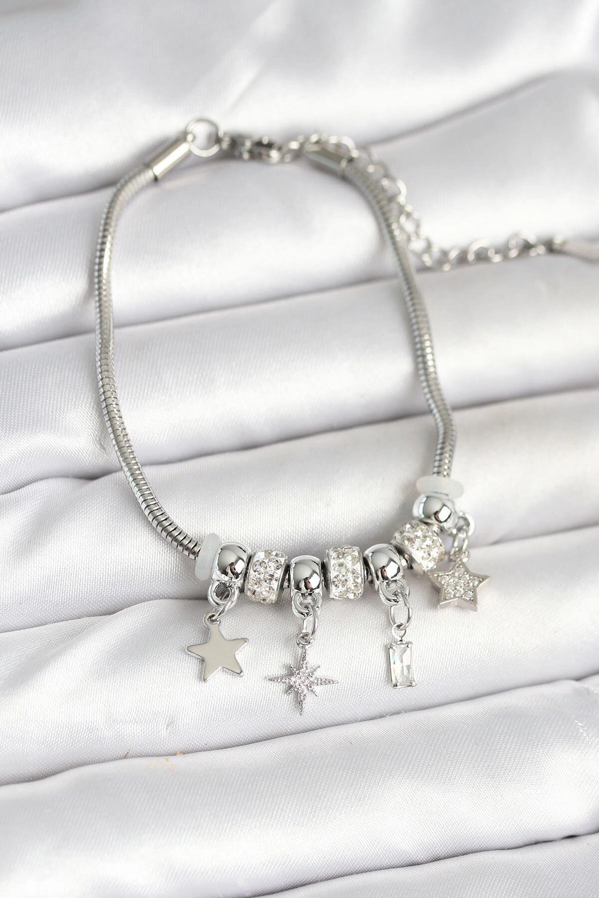 Pirinç Gümüş Renk Kutup Yıldızı Charmlı Kadın Bileklik-0