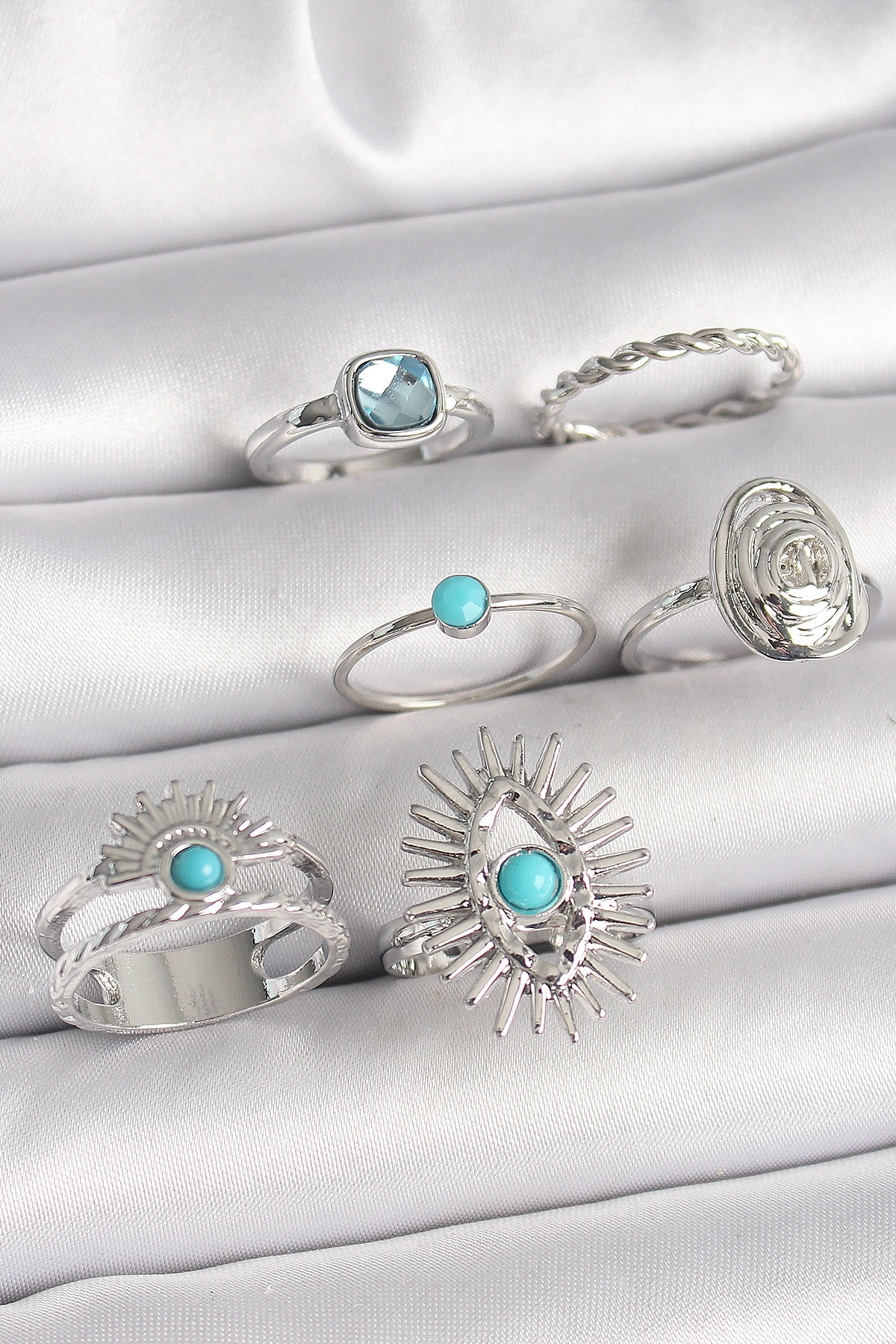 Pirinç Gümüş Renk Mavi Taşlı Kare Zirkon Taş Detaylı Kadın Yüzük Seti-0