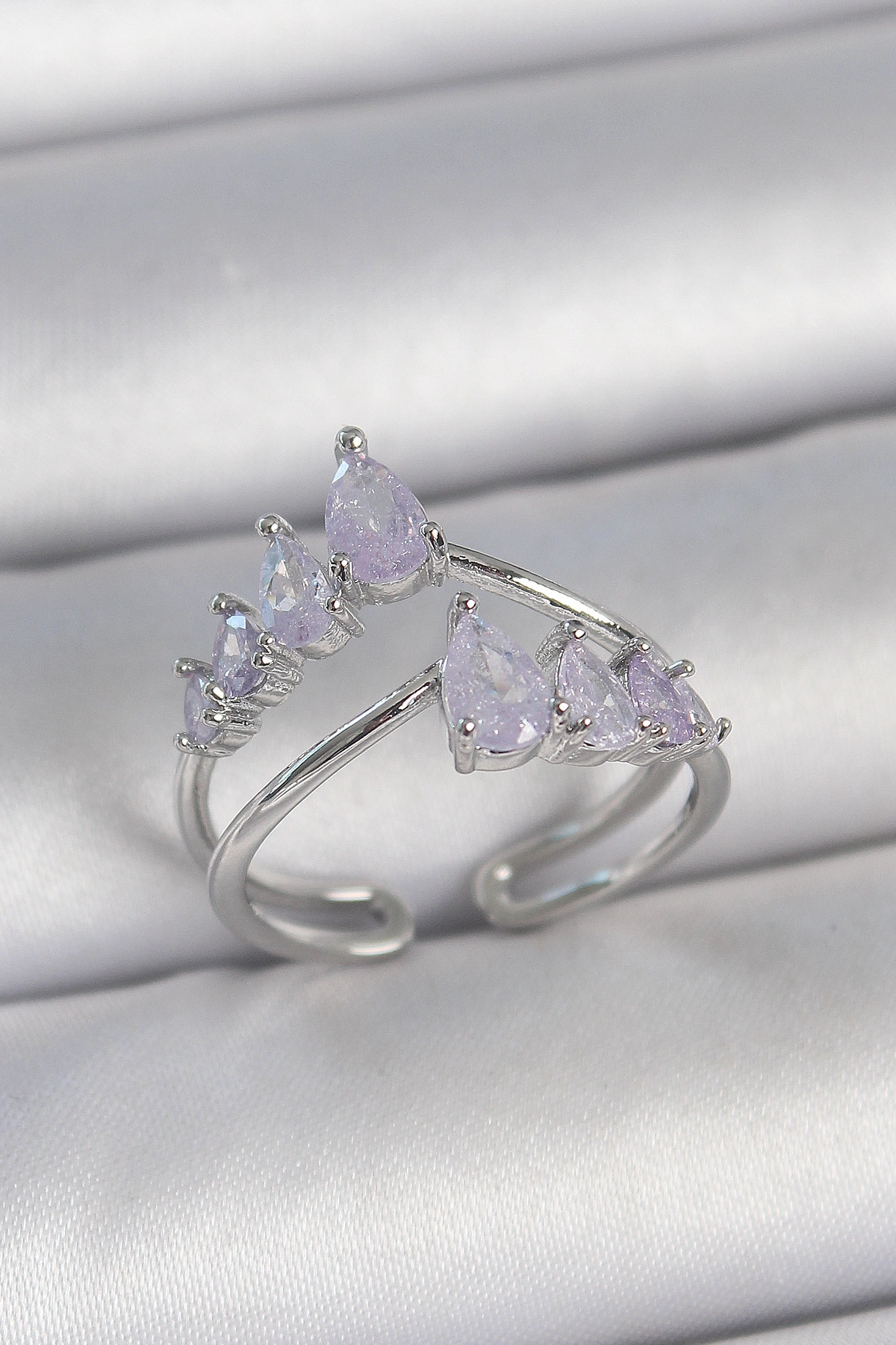 Pirinç Gümüş Renk Mor Damla Zirkon Taşlı Taç Model Kadın Yüzük-0