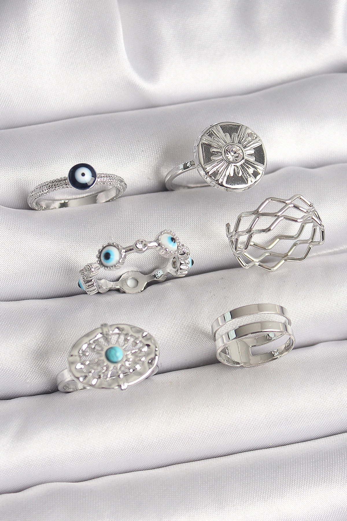 Pirinç Gümüş Renk Nazar Boncuk Zirkon Taş Detaylı Dalga Figür Kadın Yüzük Seti-0