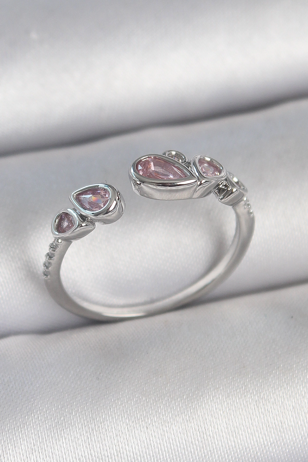 Pirinç Gümüş Renk Pembe Damla Zirkon Taşlı Ayarlanabilir Model Kadın Yüzük-0