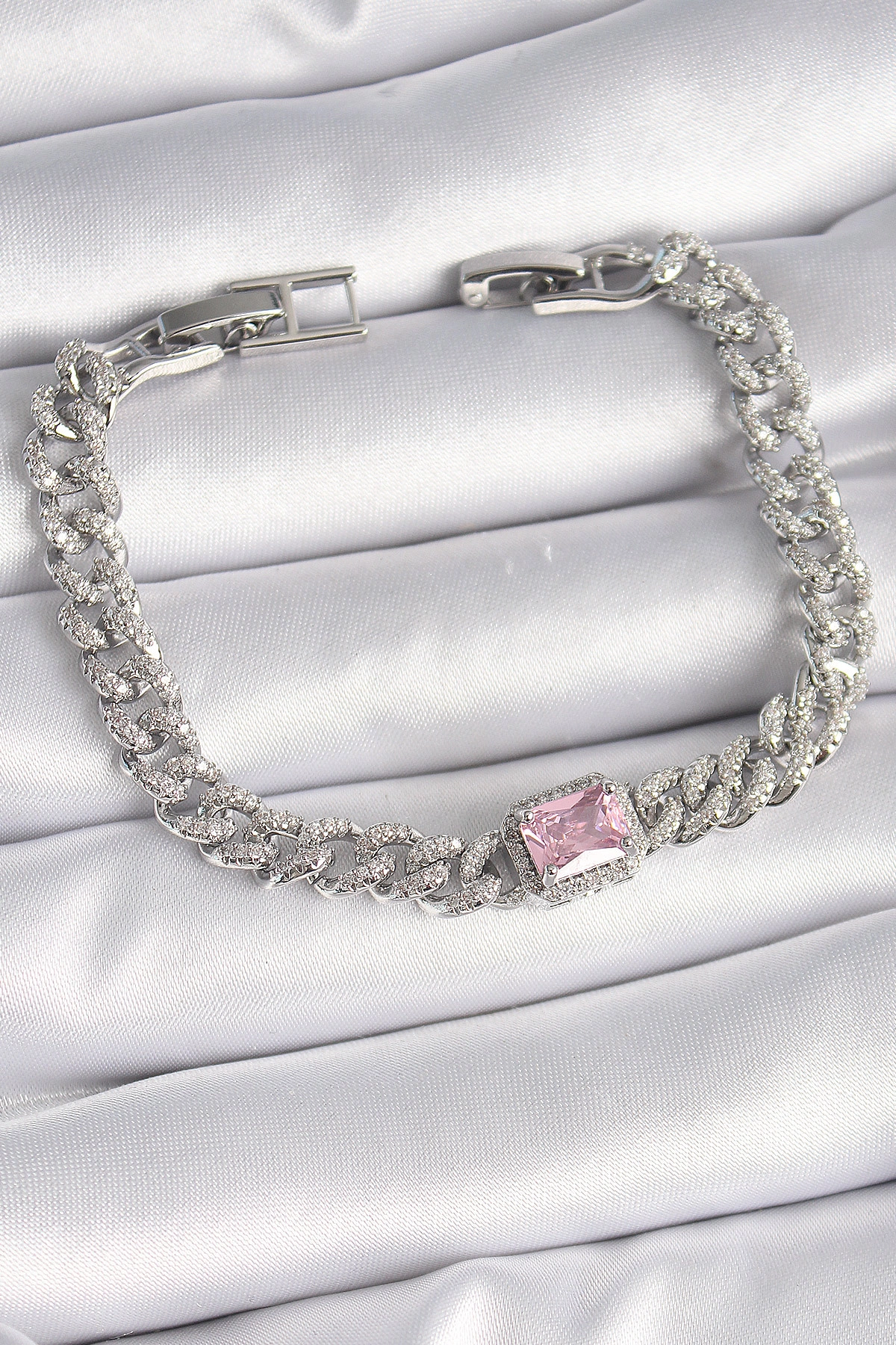 Pirinç Gümüş Renk Pembe Kare Zirkon Taşlı VIP Seri Kadın Bileklik-0
