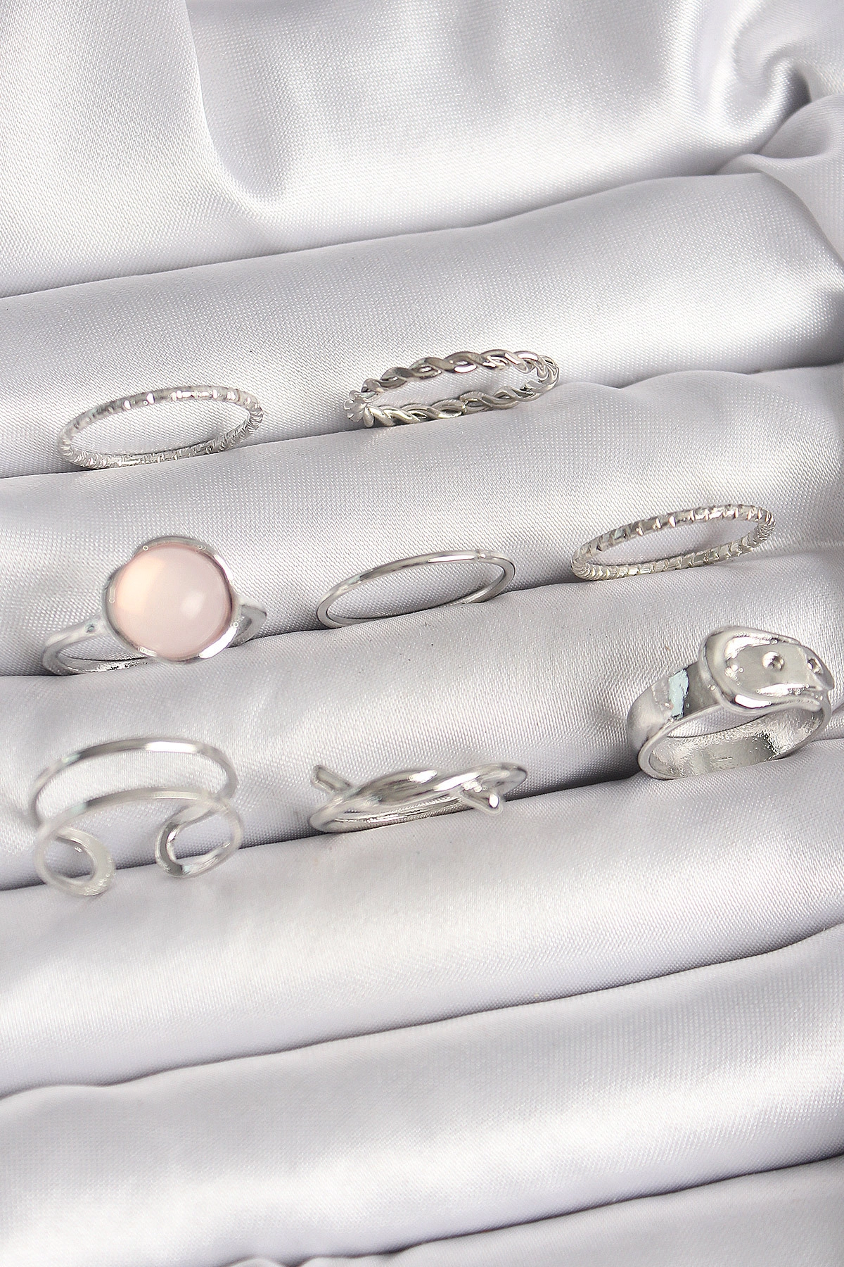 Pirinç Gümüş Renk Pembe Mineli Kemer Düğüm Figür Kadın Yüzük Kombini-0