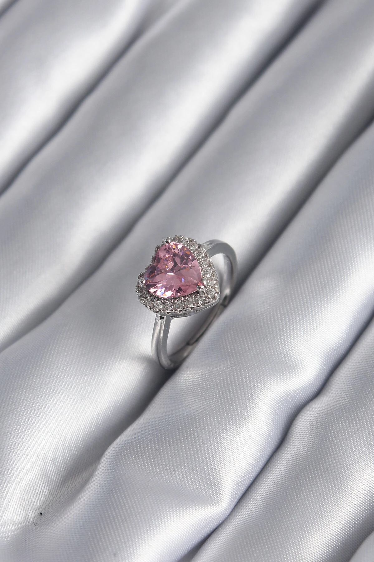 Pirinç Gümüş Renk Pembe Zirkon Taş Kalp Charm Model Kadın Yüzük-0