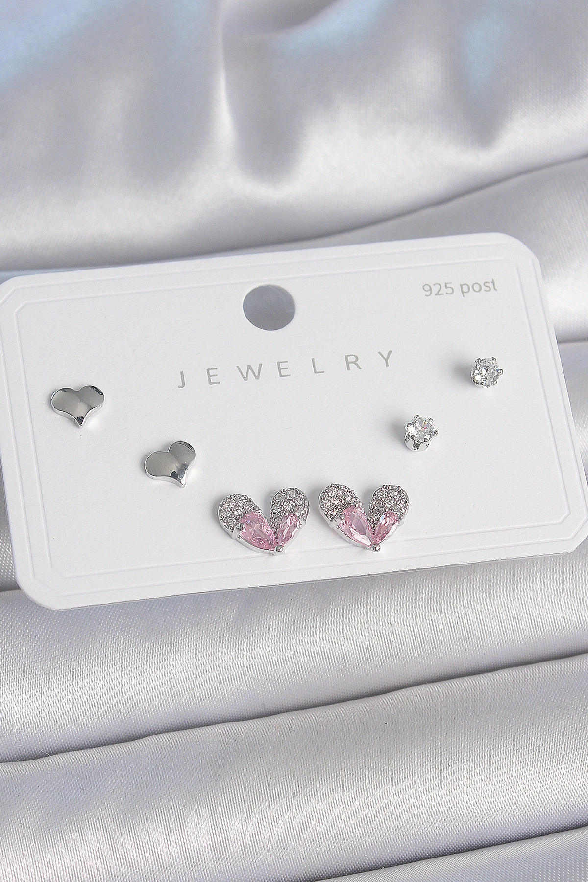 Pirinç Gümüş Renk Pembe Zirkon Taşlı Kalp Model 925 Ayar Gümüş Çivi Kadın Küpe Seti-0