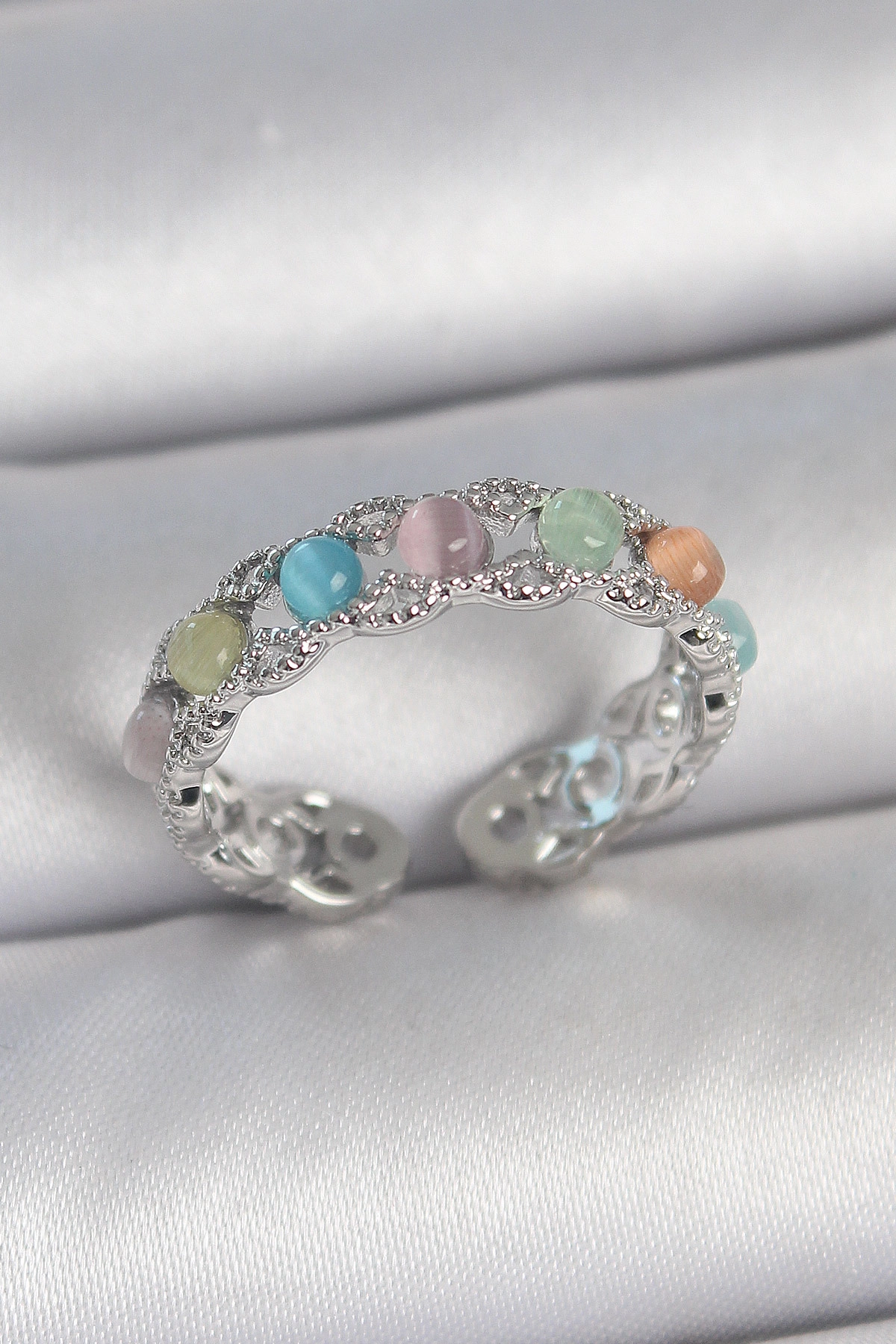 Pirinç Gümüş Renk Renkli Mineli Ayarlanabilir Kadın Yüzük-0