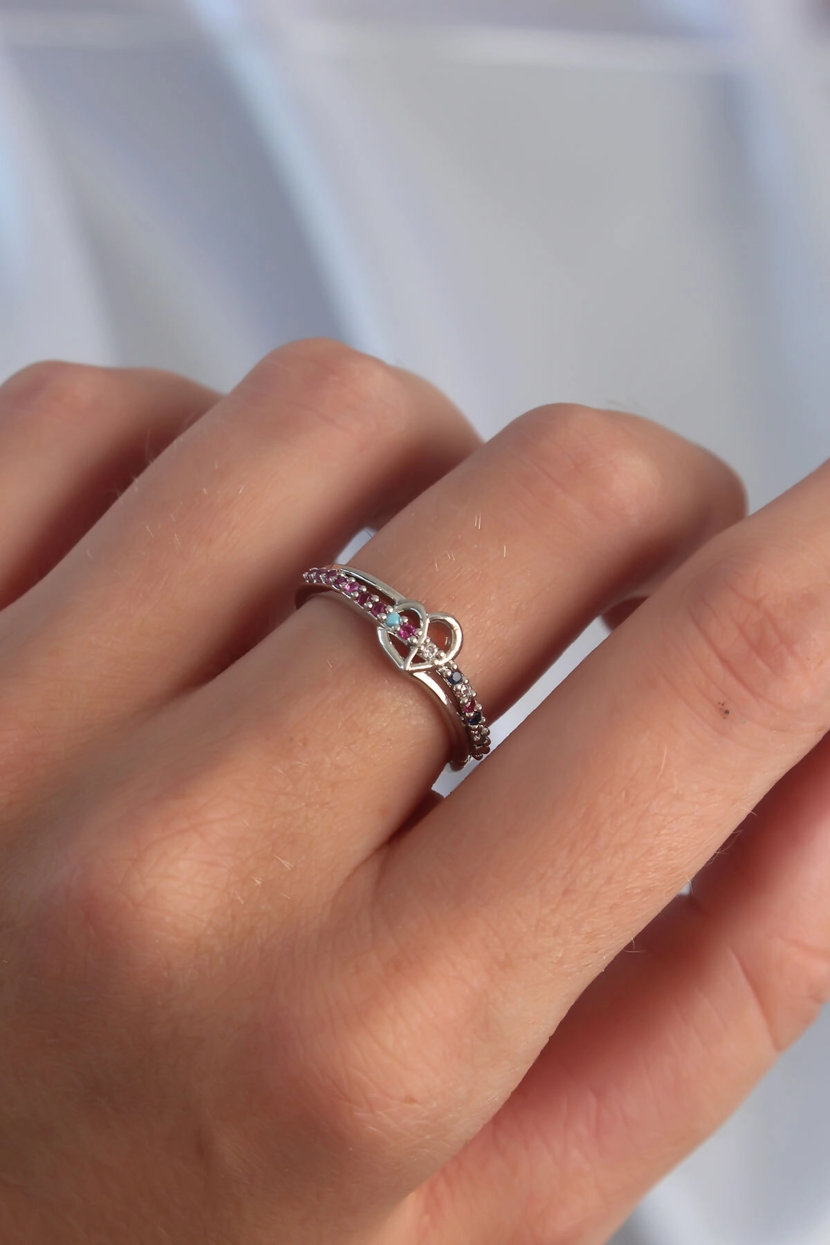 Pirinç Gümüş Renk Renkli Zirkon Taşlı Ayarlamalı Yüzük-1