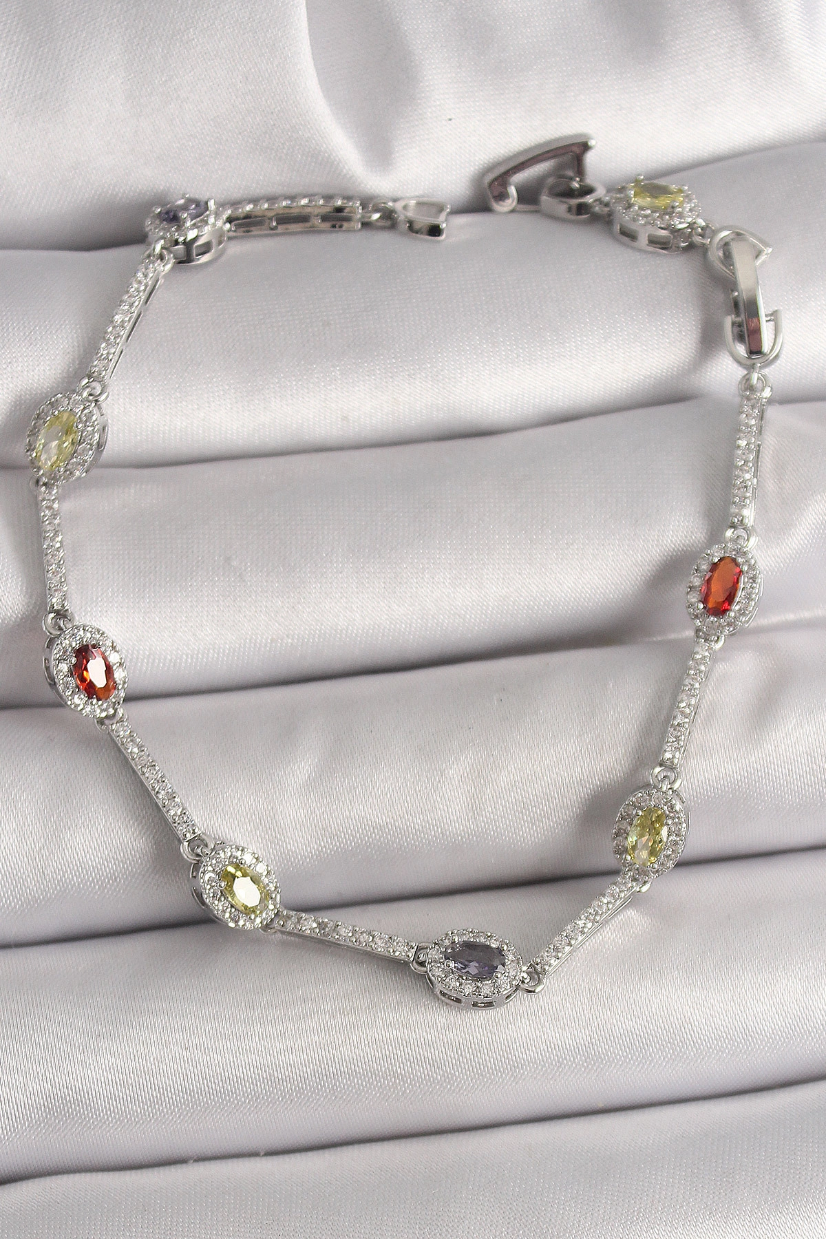 Pirinç Gümüş Renk Renkli Zirkon Taşlı Damla Taş Model Kadın Bileklik-0