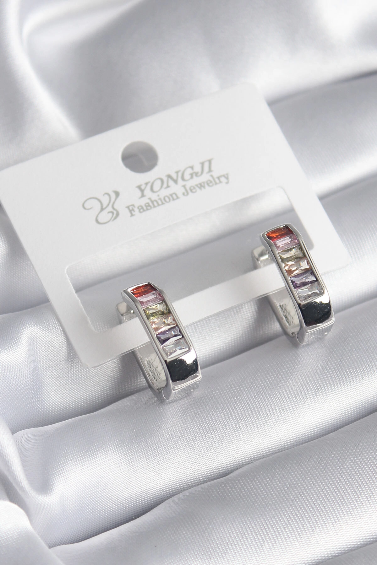 Pirinç Gümüş Renk Renkli Zirkon Taşlı Kadın Küpe-0