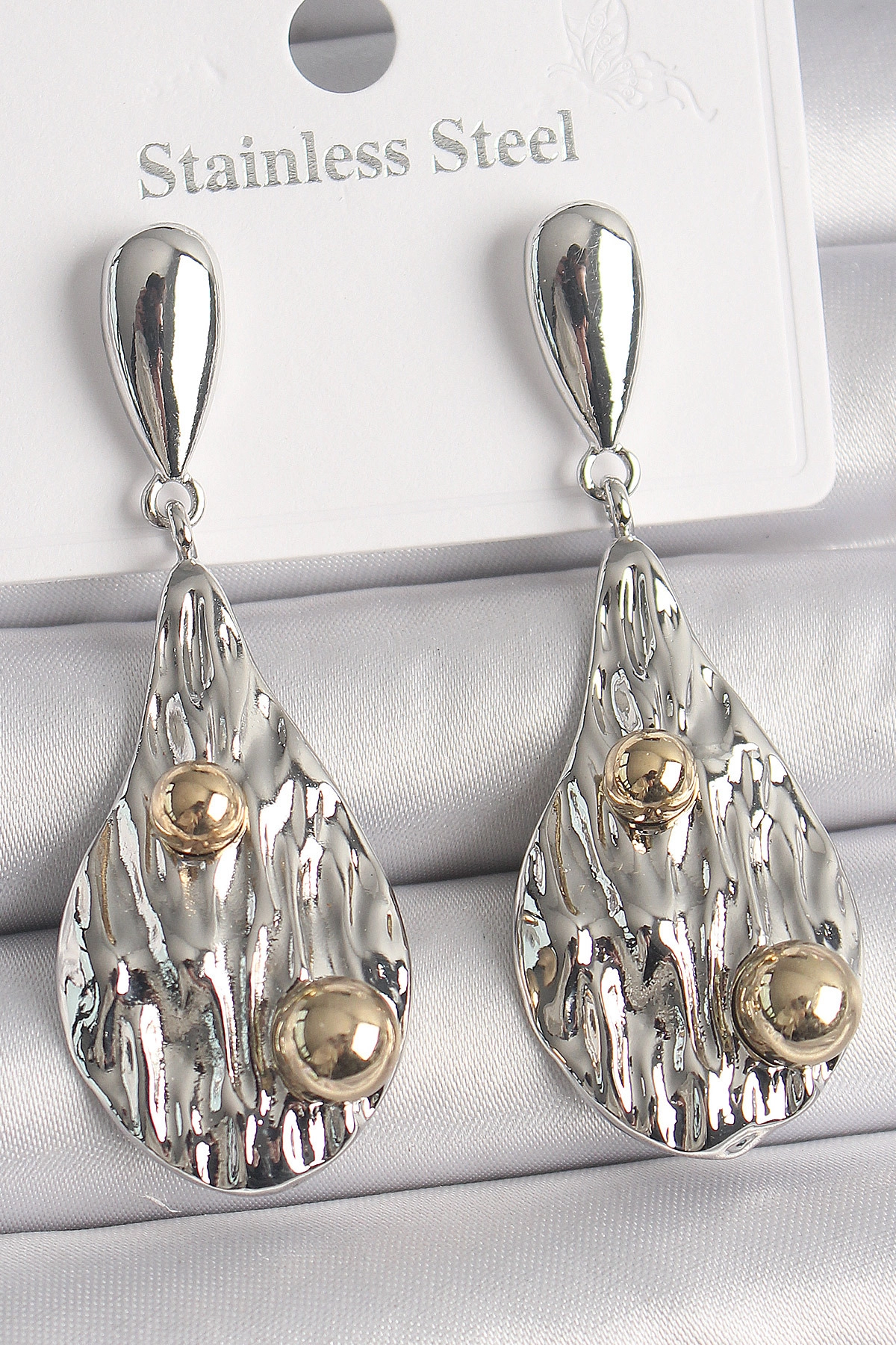 Pirinç Gümüş Renk Sallantı Damla Model Gold Topçuk Detay Kadın Küpe-0