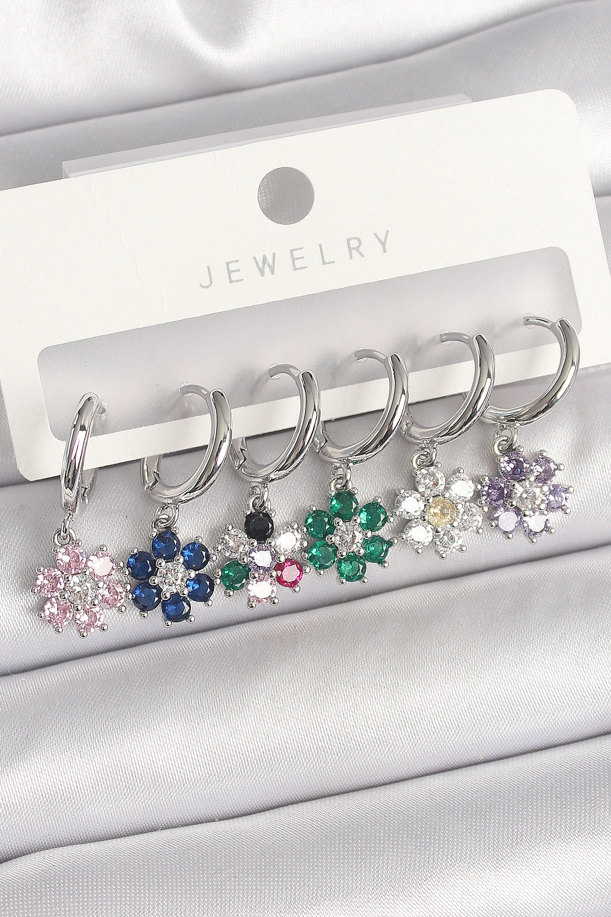 Pirinç Gümüş Renk Sallantı Renkli Zirkon Taşlı Çiçek Model Kadın Küpe Seti-0