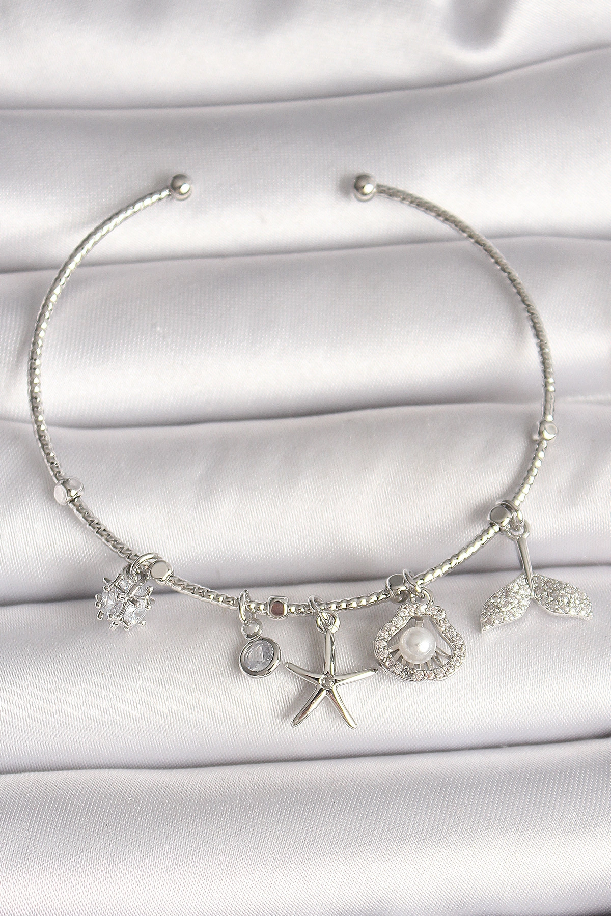 Pirinç Gümüş Renk Sallantı Zirkon Taşlı Deniz Yıldız Figür Balık Kuyruğu Detay Charm Kadın Bileklik-0