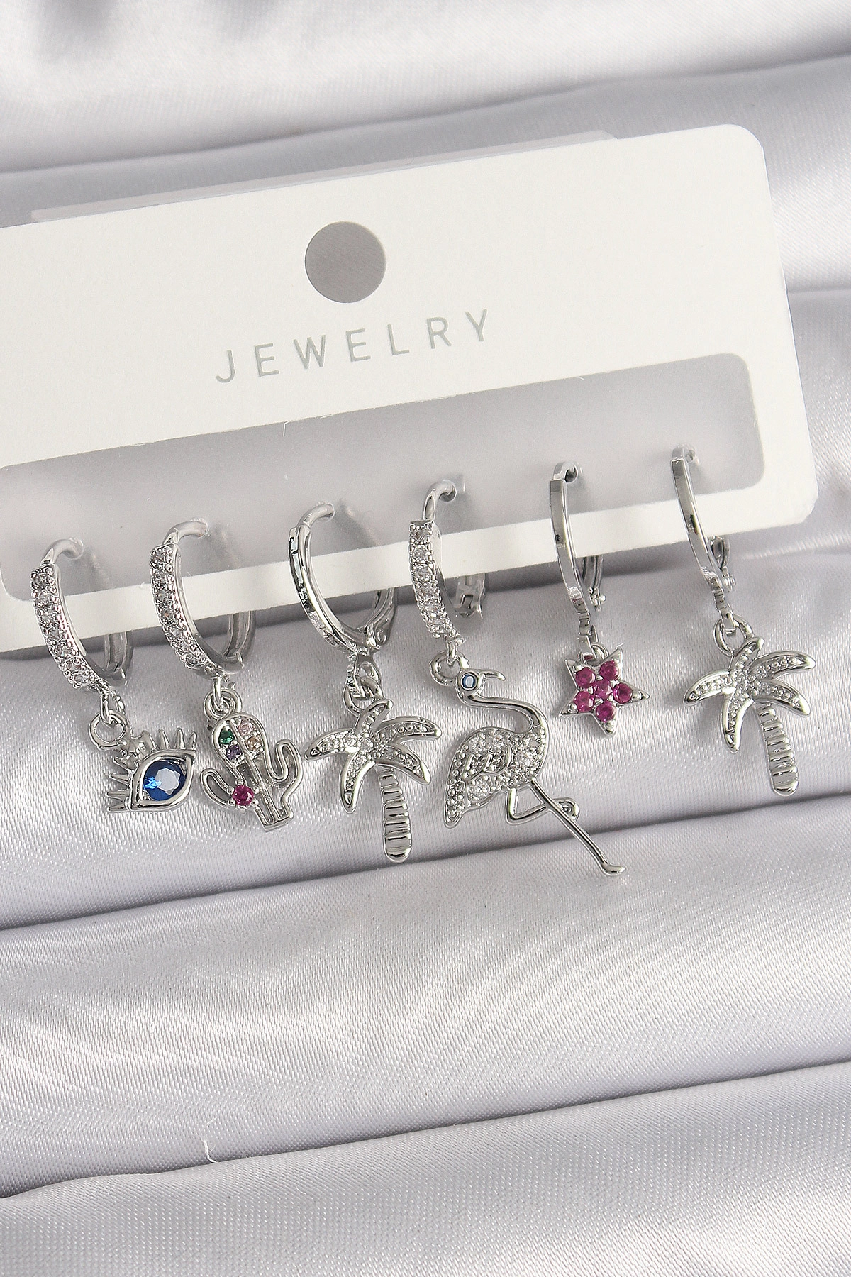 Pirinç Gümüş Renk Sallantı Zirkon Taşlı Deve Kuşu Figür Çoklu Kadın Küpe Seti-0