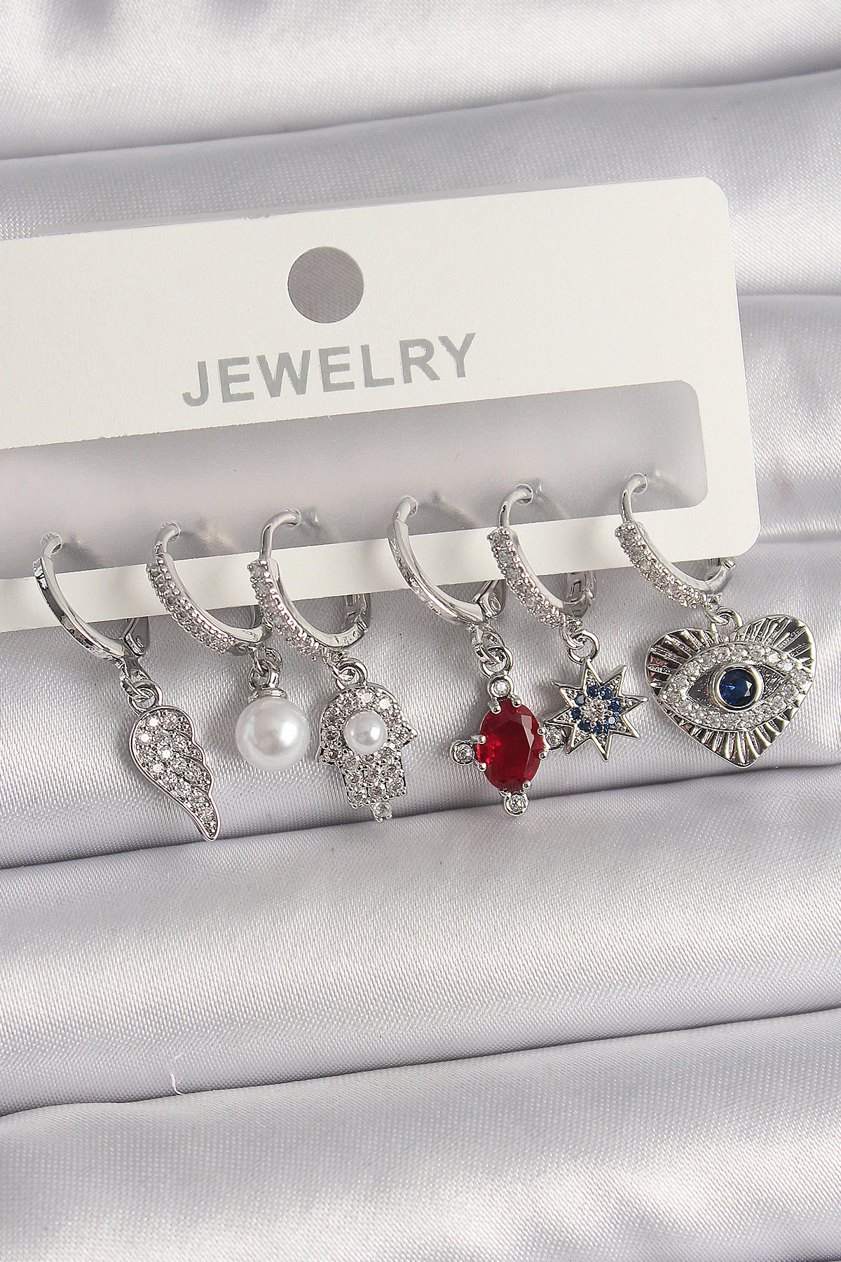 Pirinç Gümüş Renk Sallantı Zirkon Taşlı Fatma Ana El Figür Kadın Küpe Seti-0