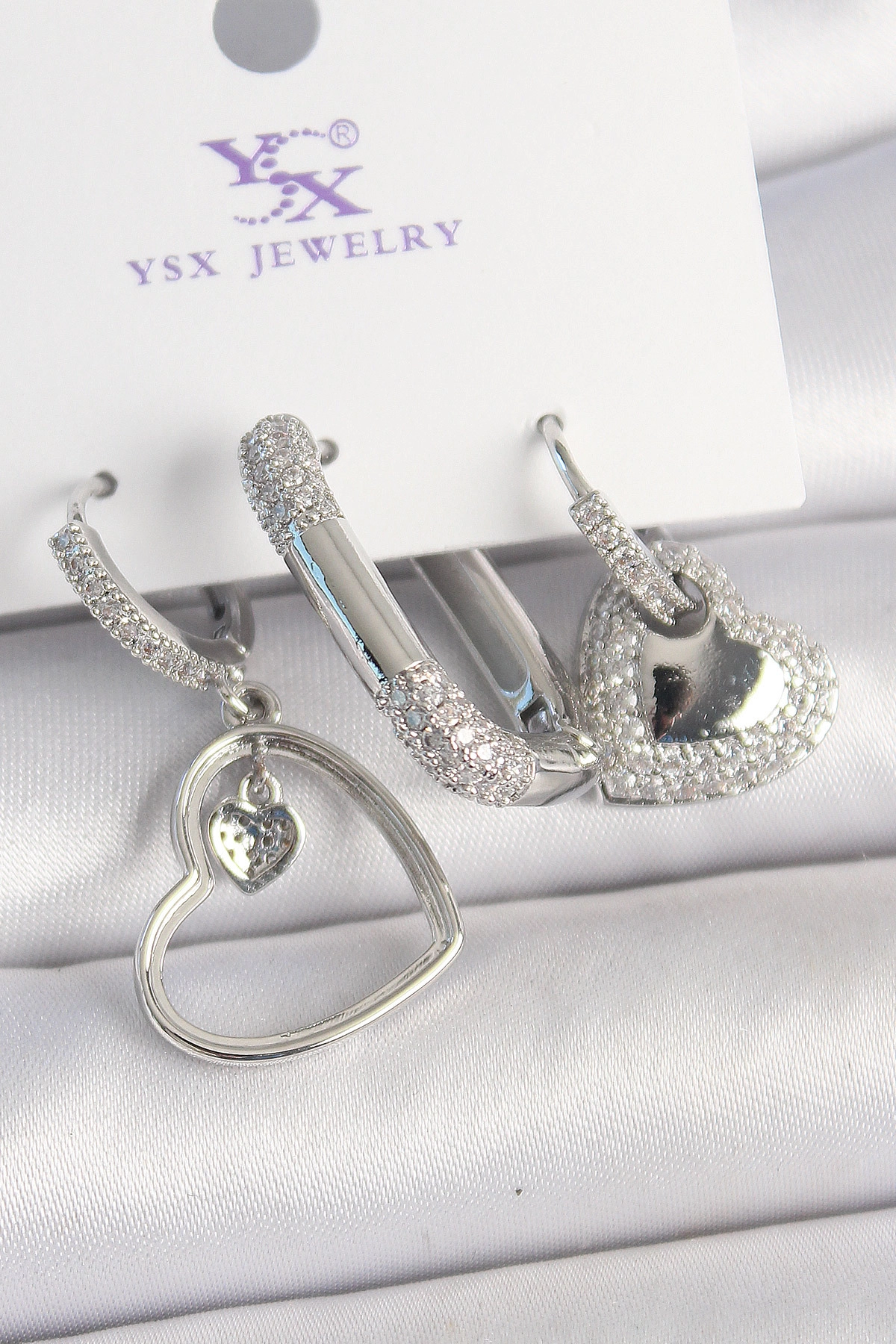 Pirinç Gümüş Renk Sallantı Zirkon Taşlı Kalp Model 3'Lü Kadın Kombin Küpe-0