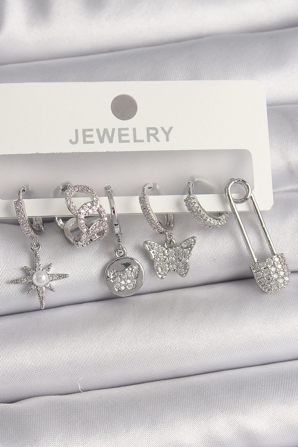 Pirinç Gümüş Renk Sallantı Zirkon Taşlı Kelebek Figür Kadın Küpe Seti-0