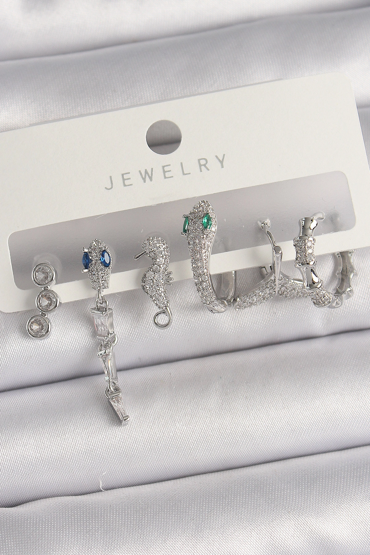 Pirinç Gümüş Renk Sallantı Zirkon Taşlı Yılan Model Kadın Küpe Seti-0