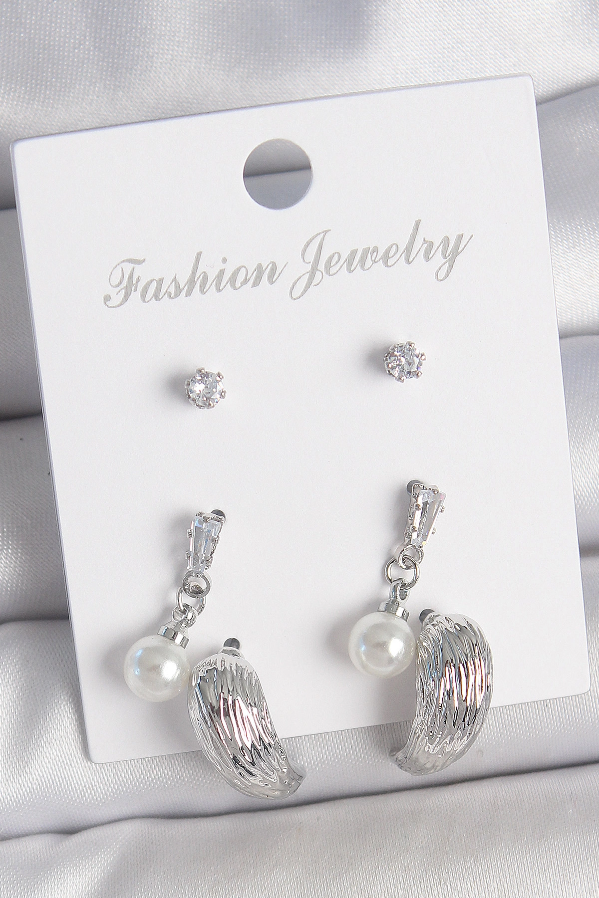 Pirinç Gümüş Renk Sallantılı Zirkon Taşlı Damla Model 3 Çift Kadın Küpe Seti-0