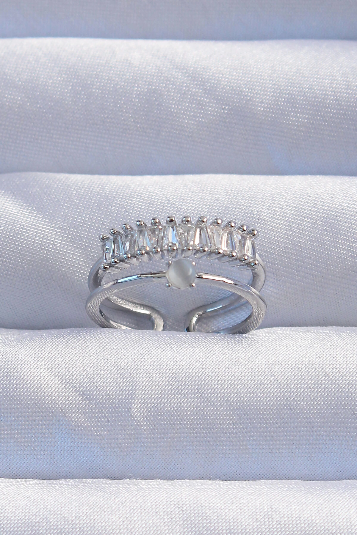 Pirinç Gümüş Renk Sedefli Zirkon Taşlı Su Yolu Model 2li Görünüm Ayarlanabilir Yüzük-0