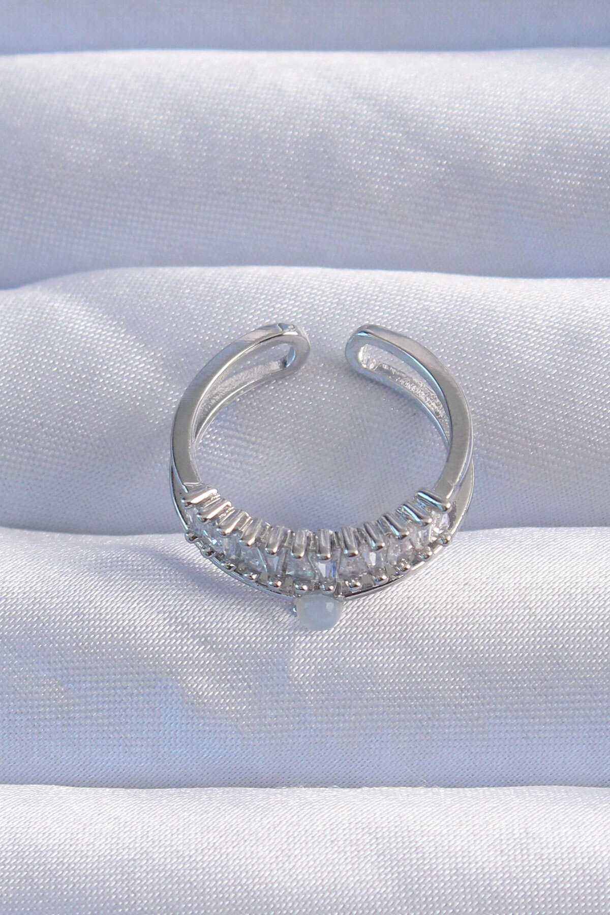 Pirinç Gümüş Renk Sedefli Zirkon Taşlı Su Yolu Model 2li Görünüm Ayarlanabilir Yüzük-1