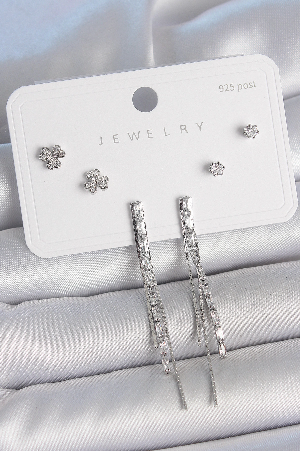 Pirinç Gümüş Renk Su Yolu Zirkon Taşlı Sallantı Model Çiçek Detay 925 Ayar Gümüş Çivi Kadın Küpe-0