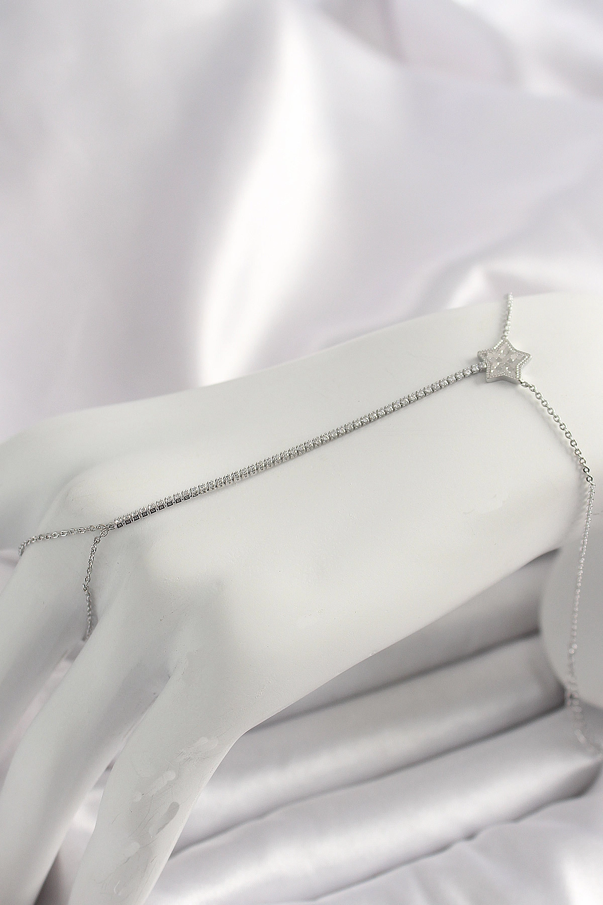 Pirinç Gümüş Renk Su Yolu Zirkon Taşlı Yıldız Model Kadın Şahmeran-0