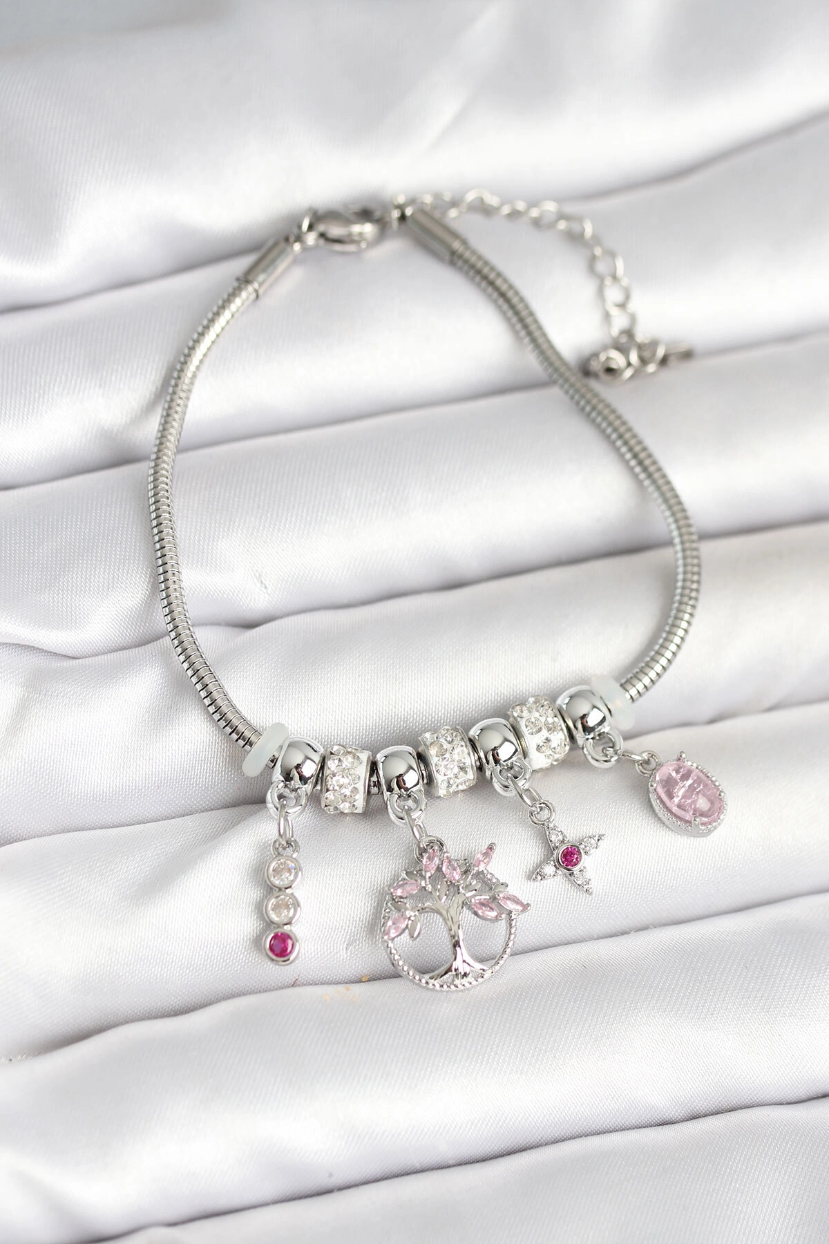 Pirinç Gümüş Renk Yaşam Ağacı Charmlı Kadın Bileklik-0