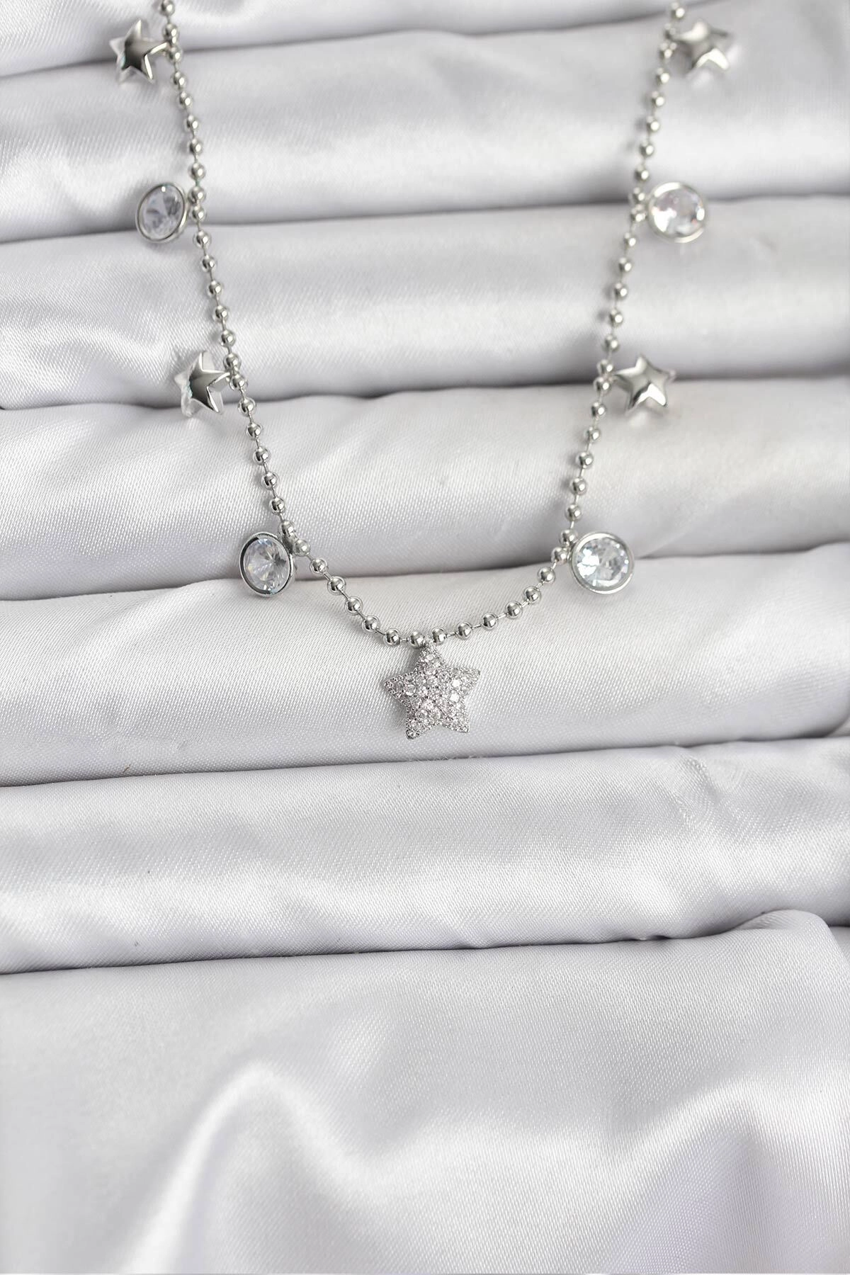 Pirinç Gümüş Renk Yıldız Model Kadın Kolye-0