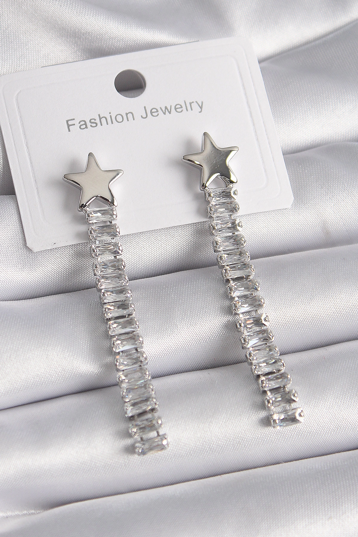 Pirinç Gümüş Renk Yıldız Model Su Yolu Zirkon Taş Kadın Küpe-0