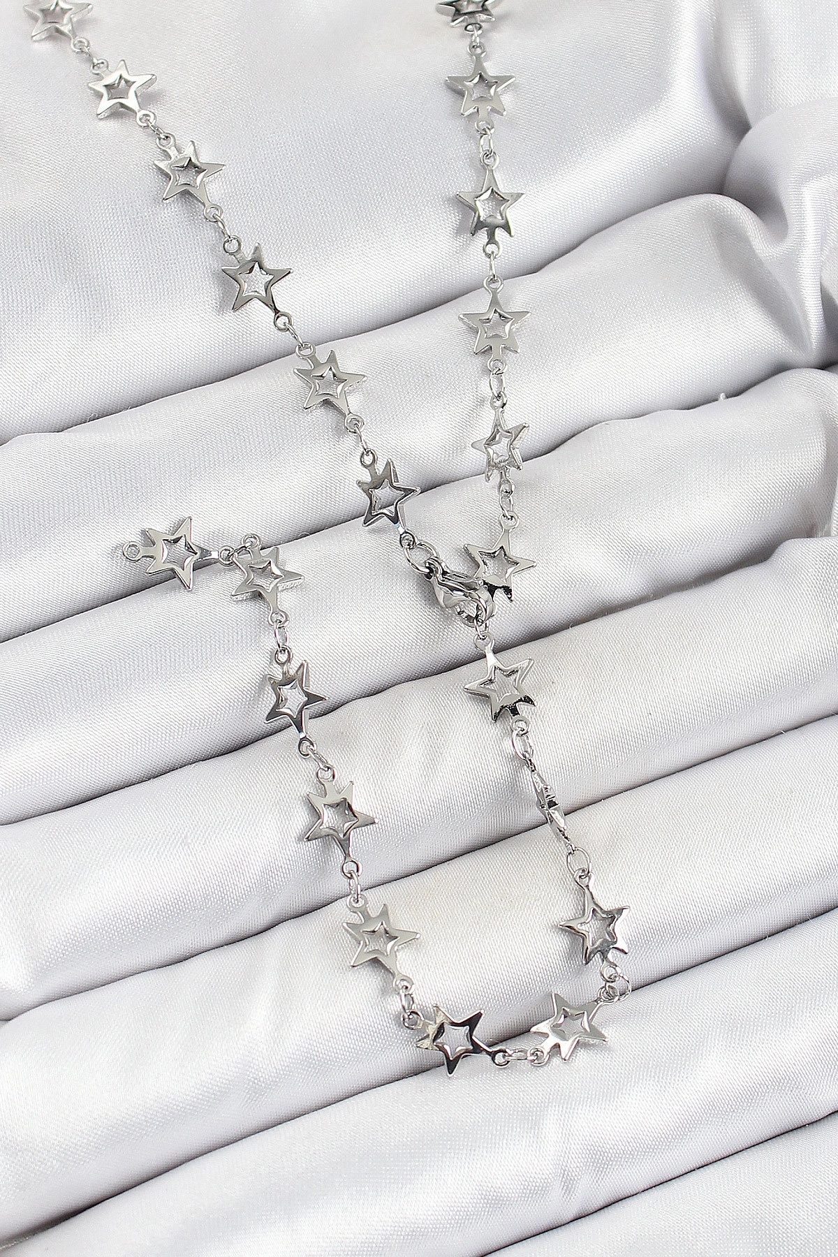 Pirinç Gümüş Renk Yıldızlı Kadın Y Kolye-1