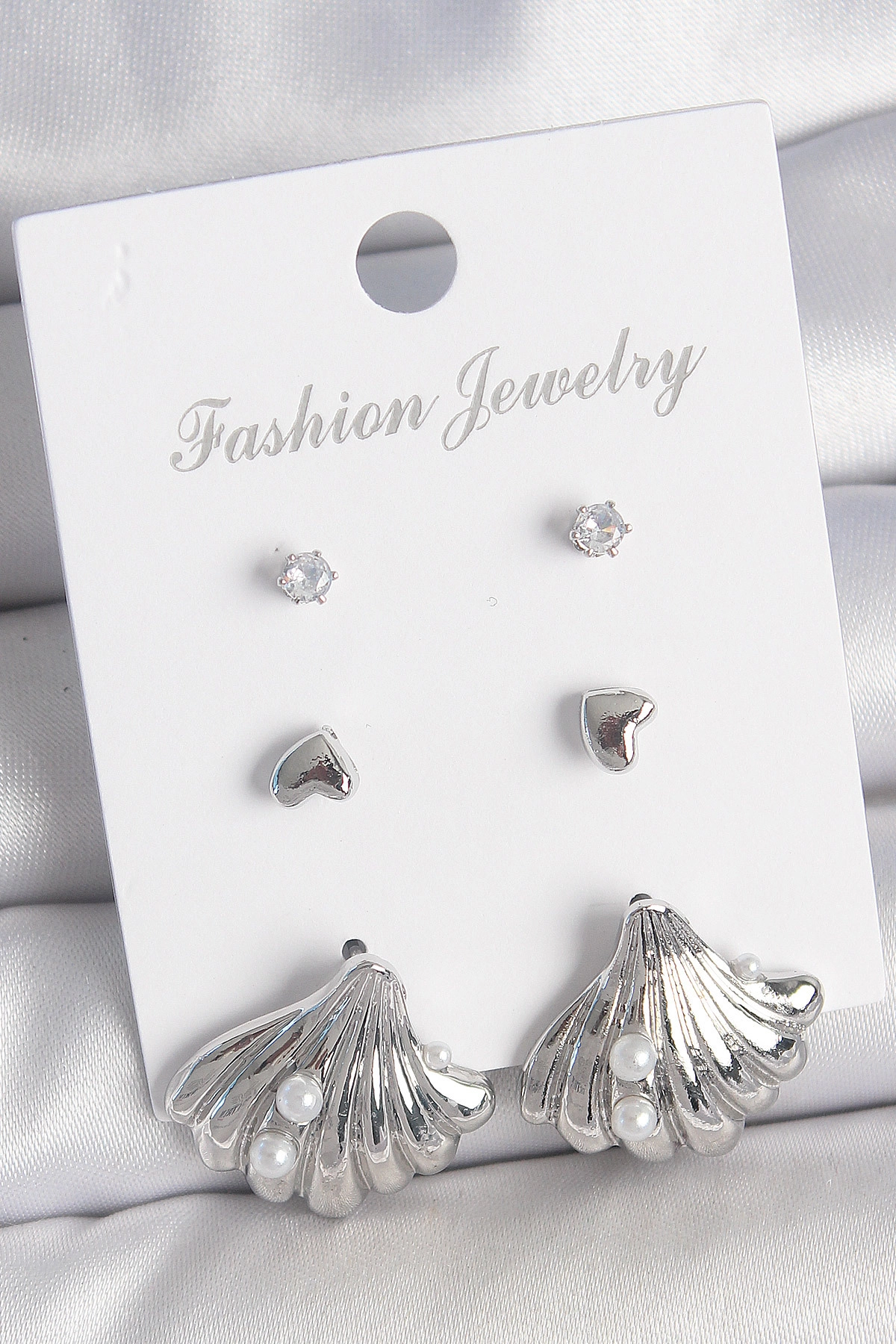 Pirinç Gümüş Renk Zirkon Taş Detaylı İnci Detaylı Deniz Kabuğu Model 3 Çift Kadın Küpe-0