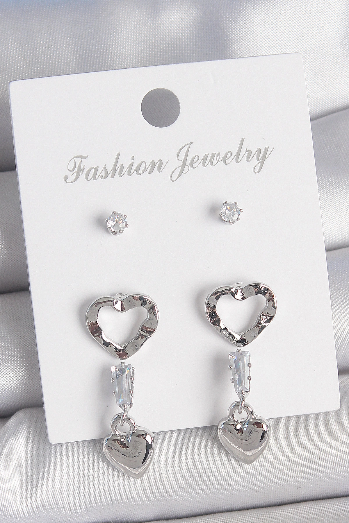 Pirinç Gümüş Renk Zirkon Taş Detaylı Sallantı Model 2 Çift Kadın Küpe Seti-0