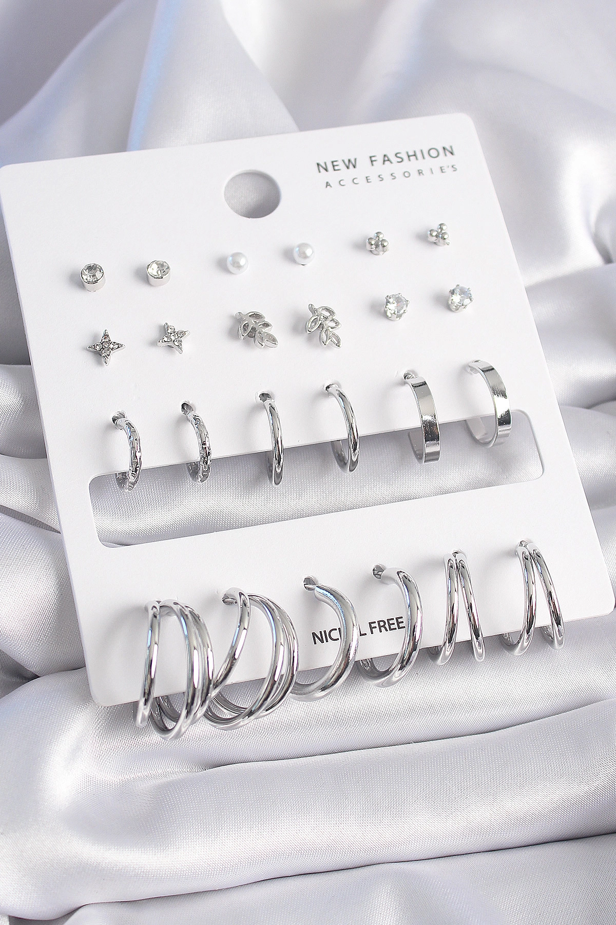 Pirinç Gümüş Renk Zirkon Taşlı 12 Çift Küpe Seti-0