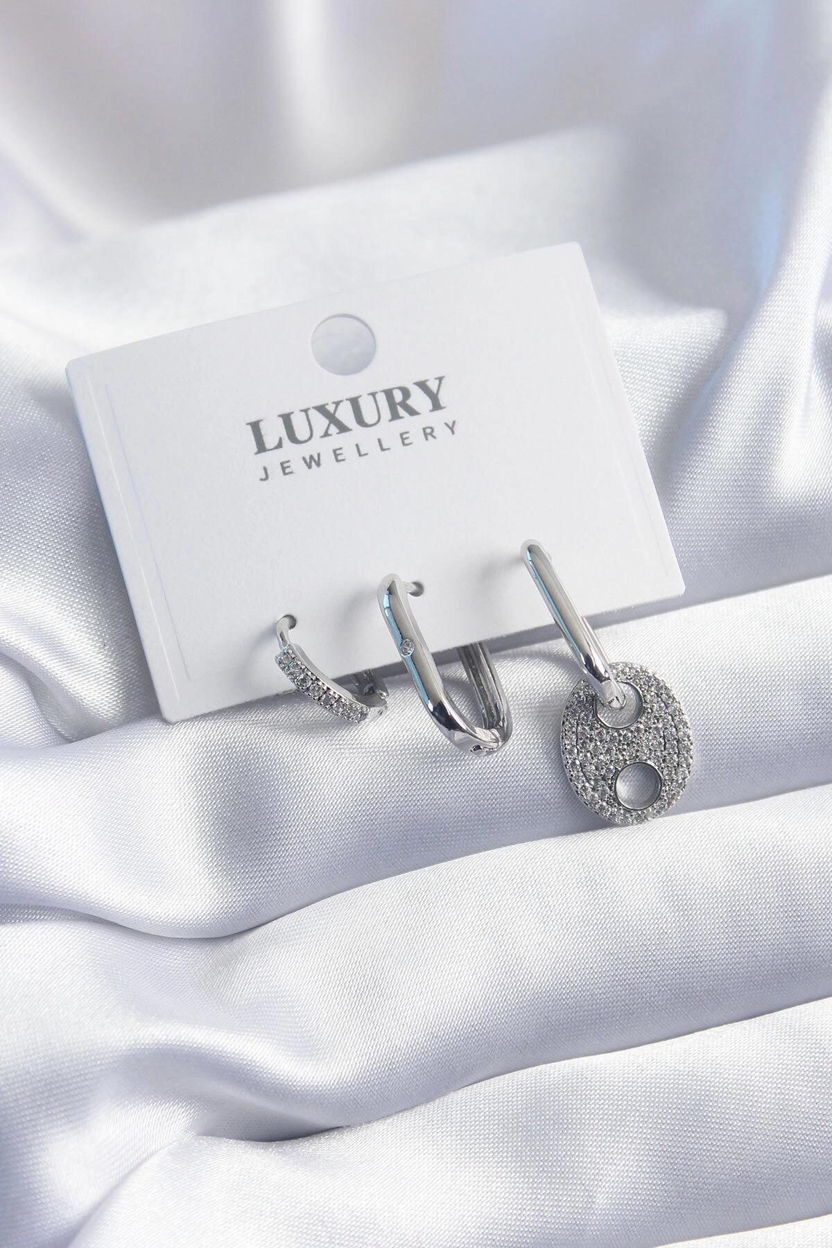 Pirinç Gümüş Renk Zirkon Taşlı 3'lü Kadın Küpe Seti-0