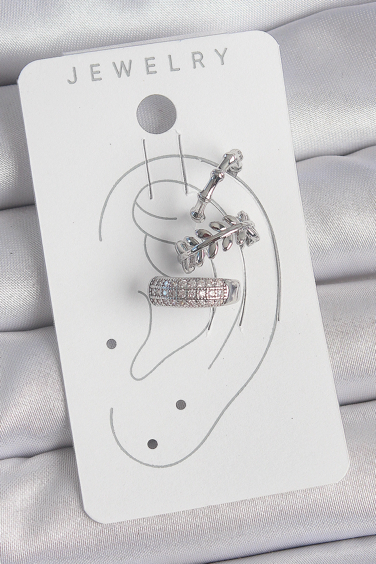 Pirinç Gümüş Renk Zirkon Taşlı 3'Lü Model Yaprak Figür Kadın Kıkırdak Küpe-1