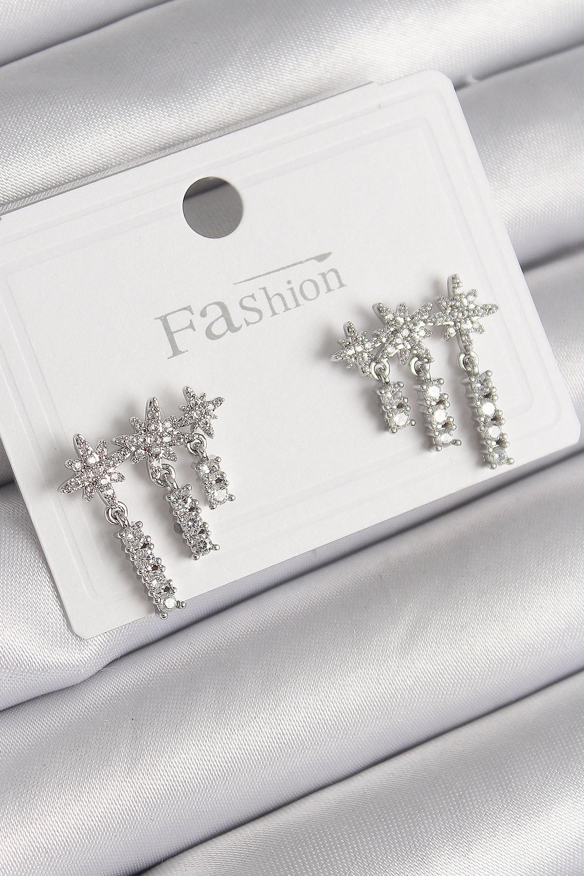 Pirinç Gümüş Renk Zirkon Taşlı 3'Lü Sallantı Yıldız Model Kadın Küpe-0