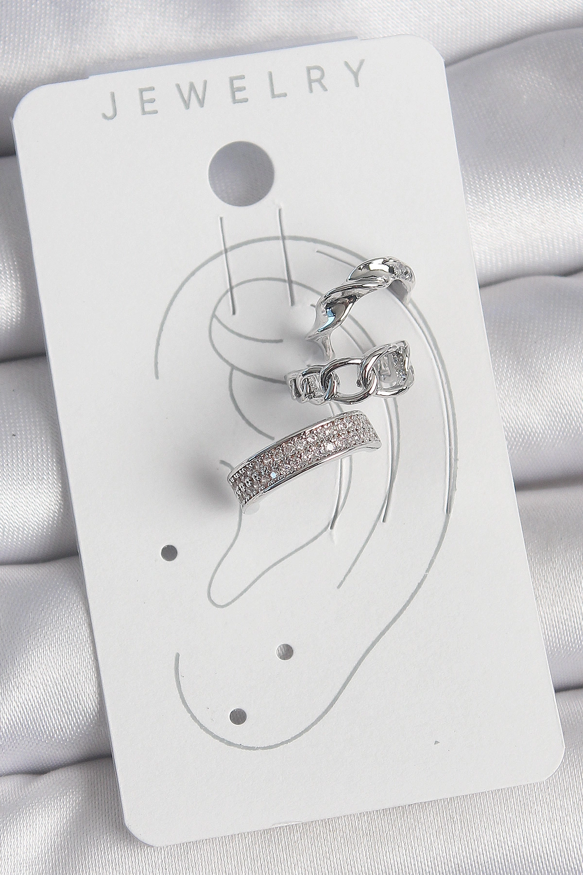 Pirinç Gümüş Renk Zirkon Taşlı 3'Lü Zincir Sarmal Model Kadın Kıkırdak Küpe-1