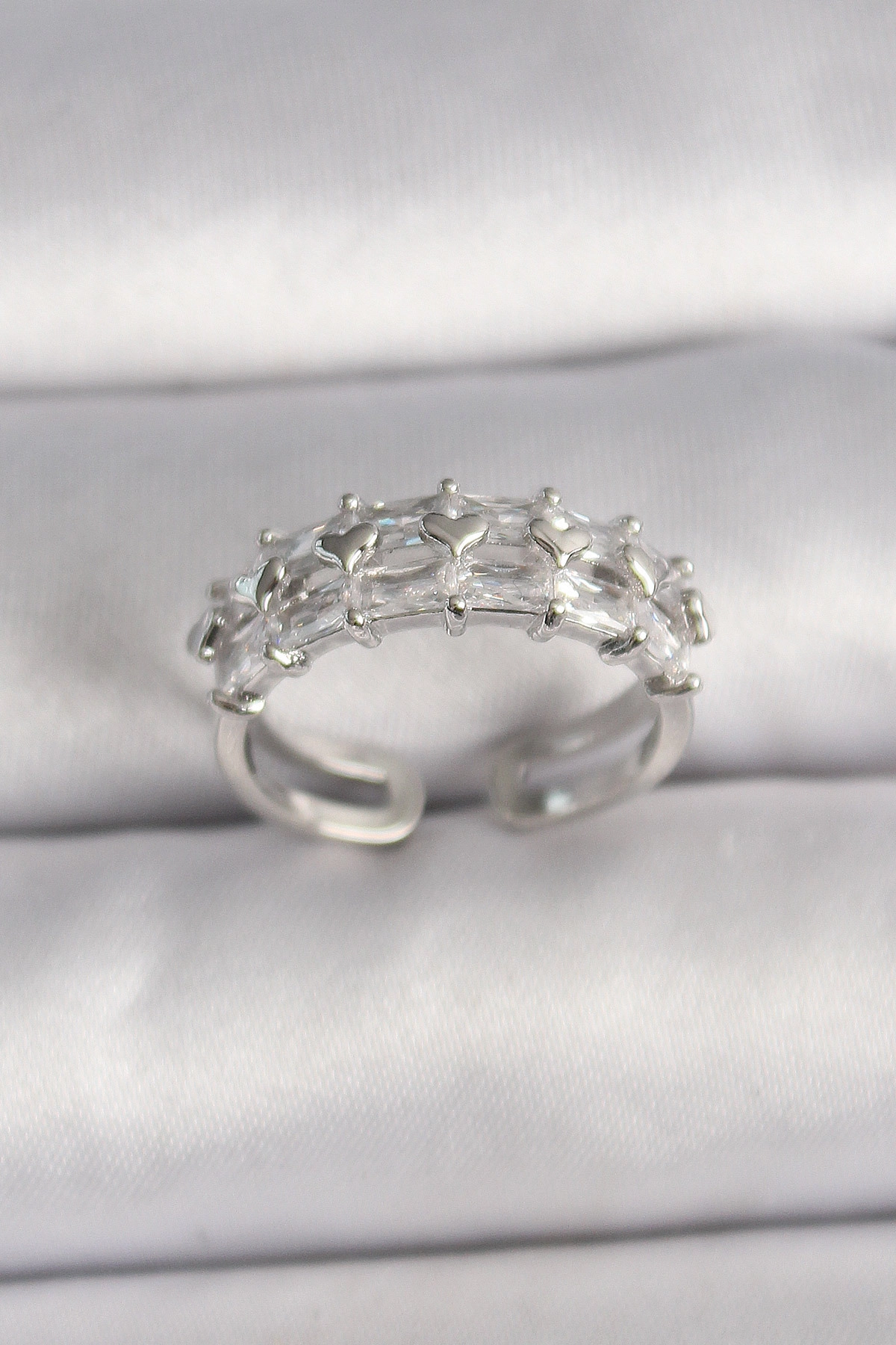 Pirinç Gümüş Renk Zirkon Taşlı Ayarlanabilir Yüzük-0