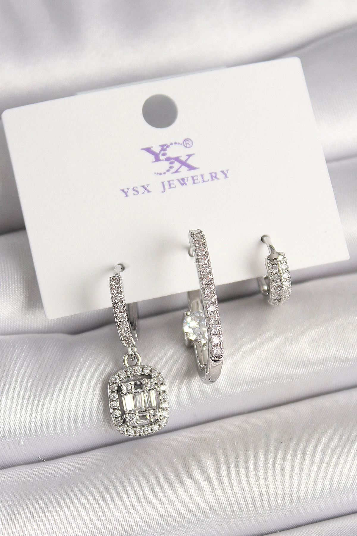 Pirinç Gümüş Renk Zirkon Taşlı Baget Halka Model 3'Lü Kadın Kombin Küpe-0