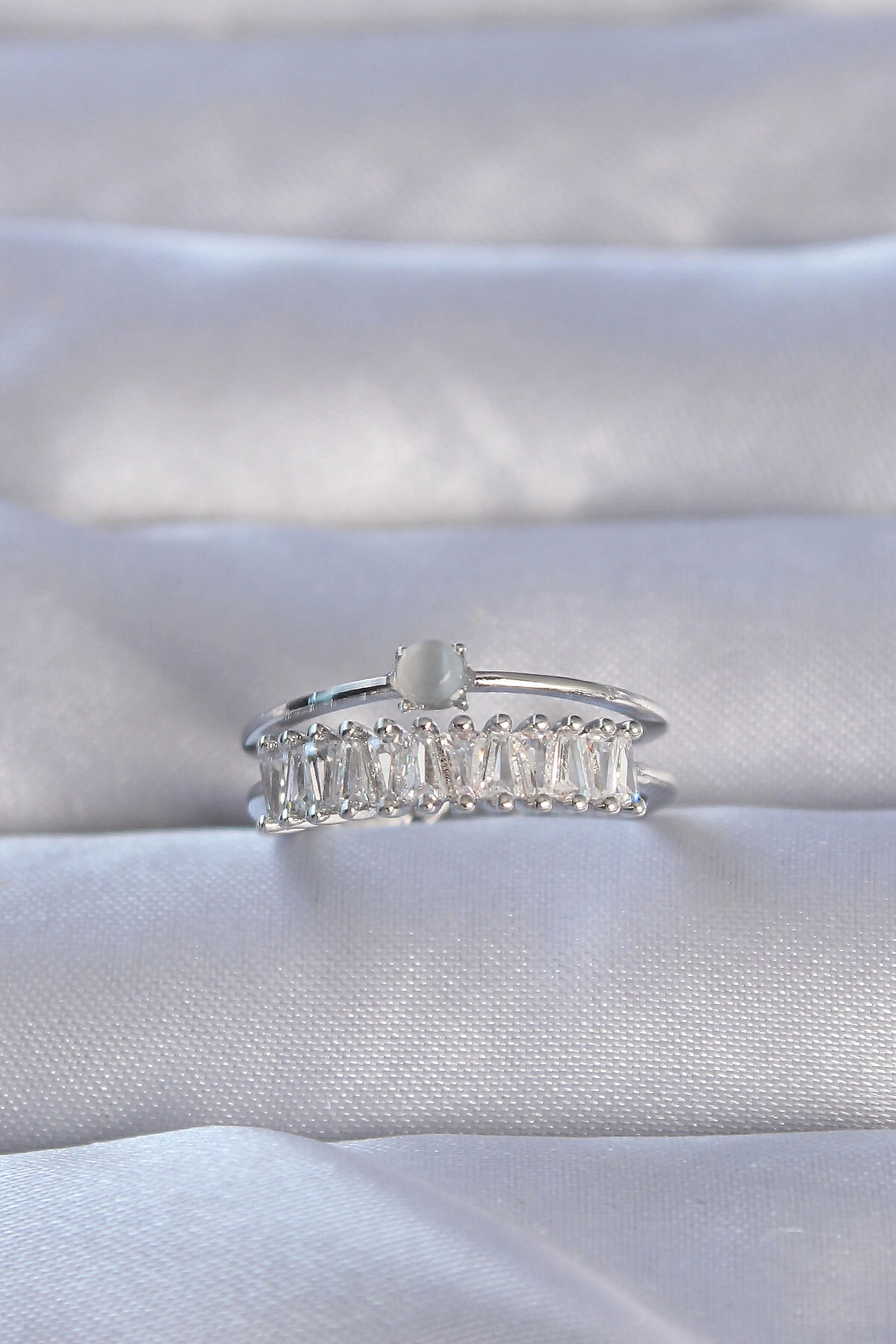 Pirinç Gümüş Renk Zirkon Taşlı Baget Su Yolu Model Ayarlanabilir Yüzük-0