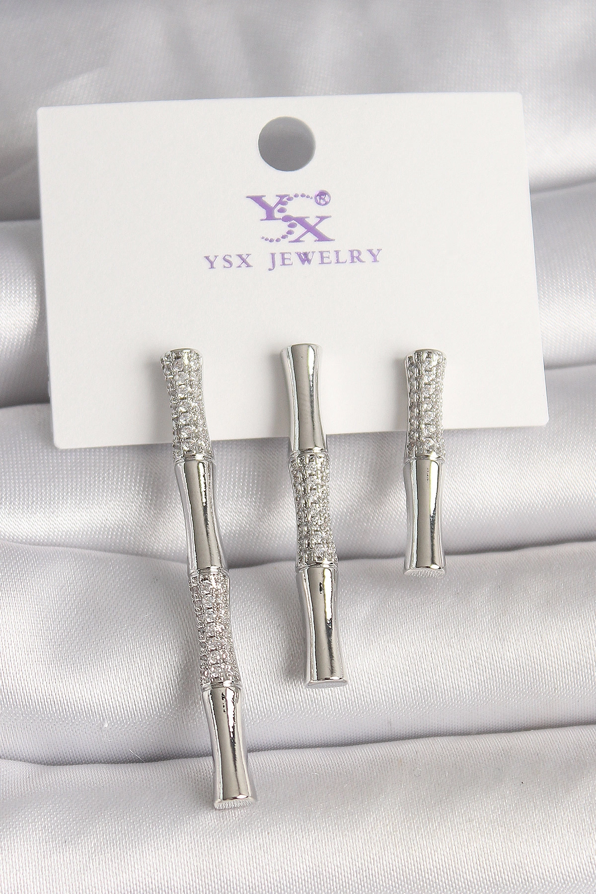 Pirinç Gümüş Renk Zirkon Taşlı Bambu Model 3'Lü Kadın Kombin Küpe-0