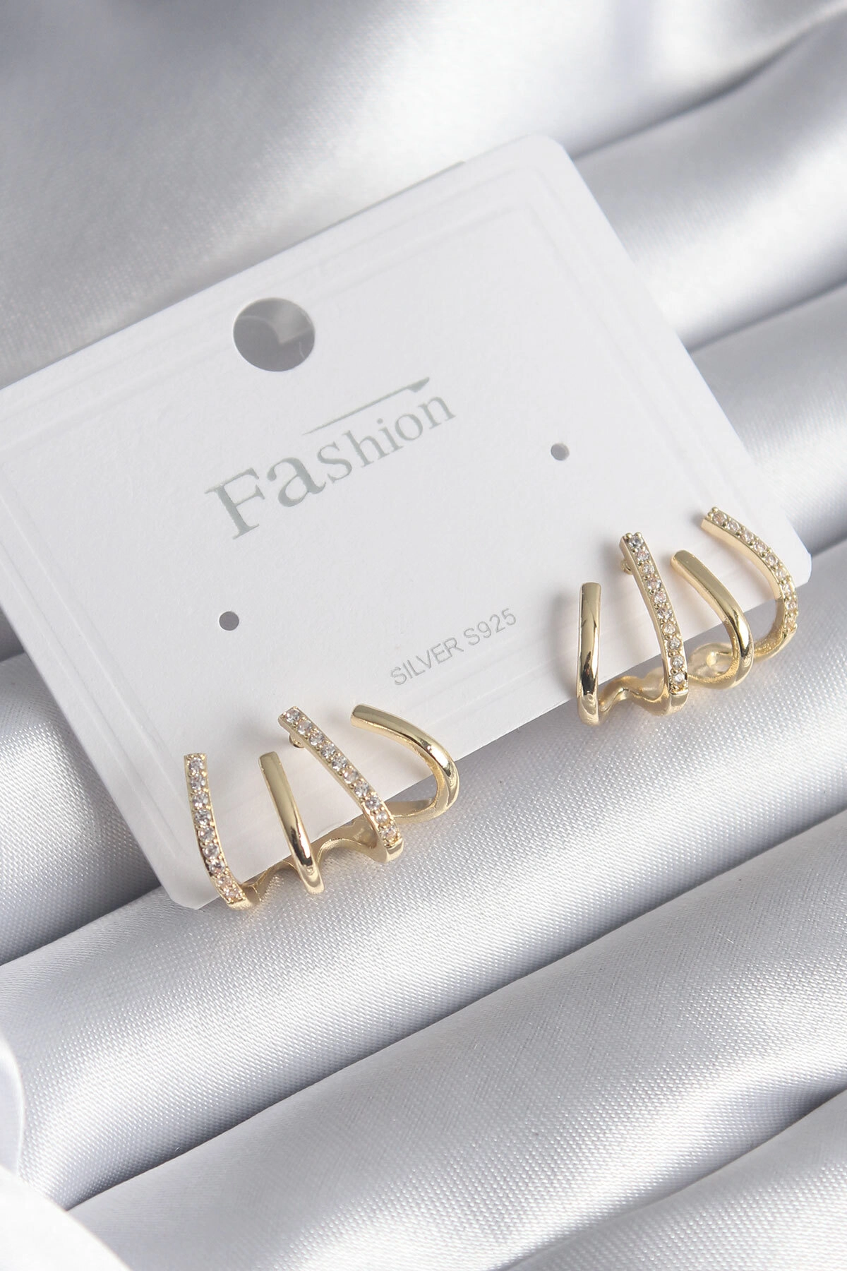 Pirinç Gümüş Renk Zirkon Taşlı Çatal Model Kadın Küpe-0