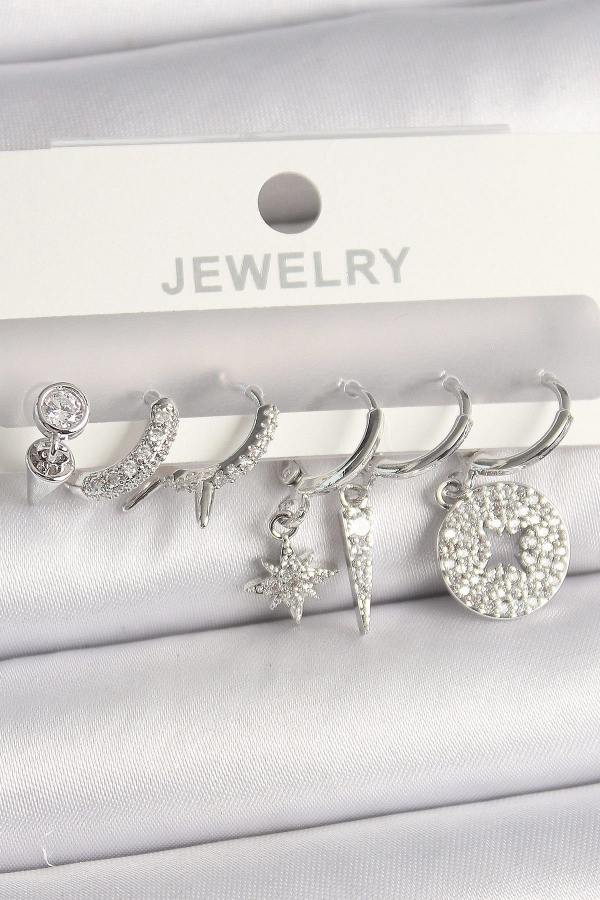 Pirinç Gümüş Renk Zirkon Taşlı Çoklu Figür Kadın Küpe Seti-0