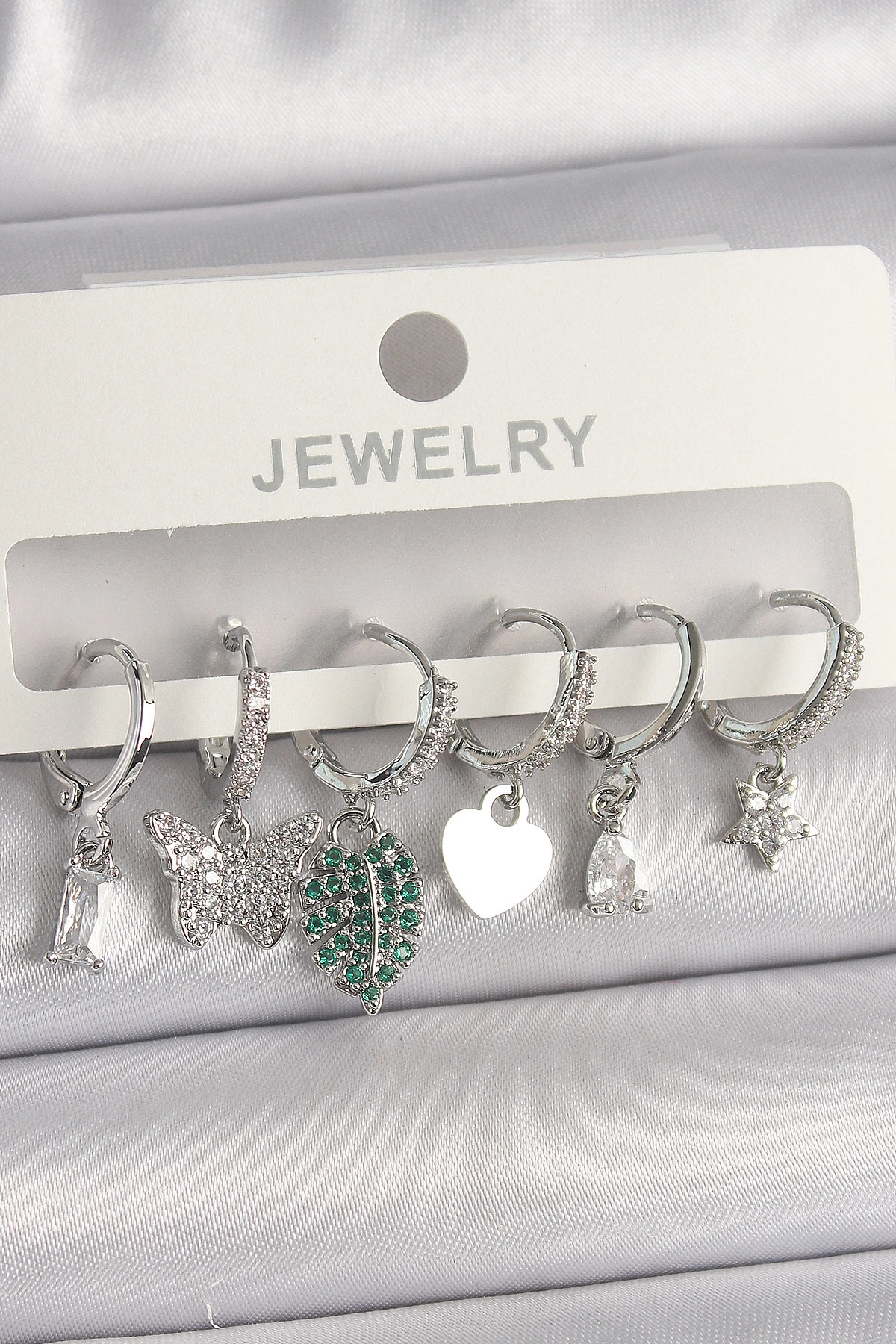 Pirinç Gümüş Renk Zirkon Taşlı Çoklu Figür Kadın Küpe Seti-0